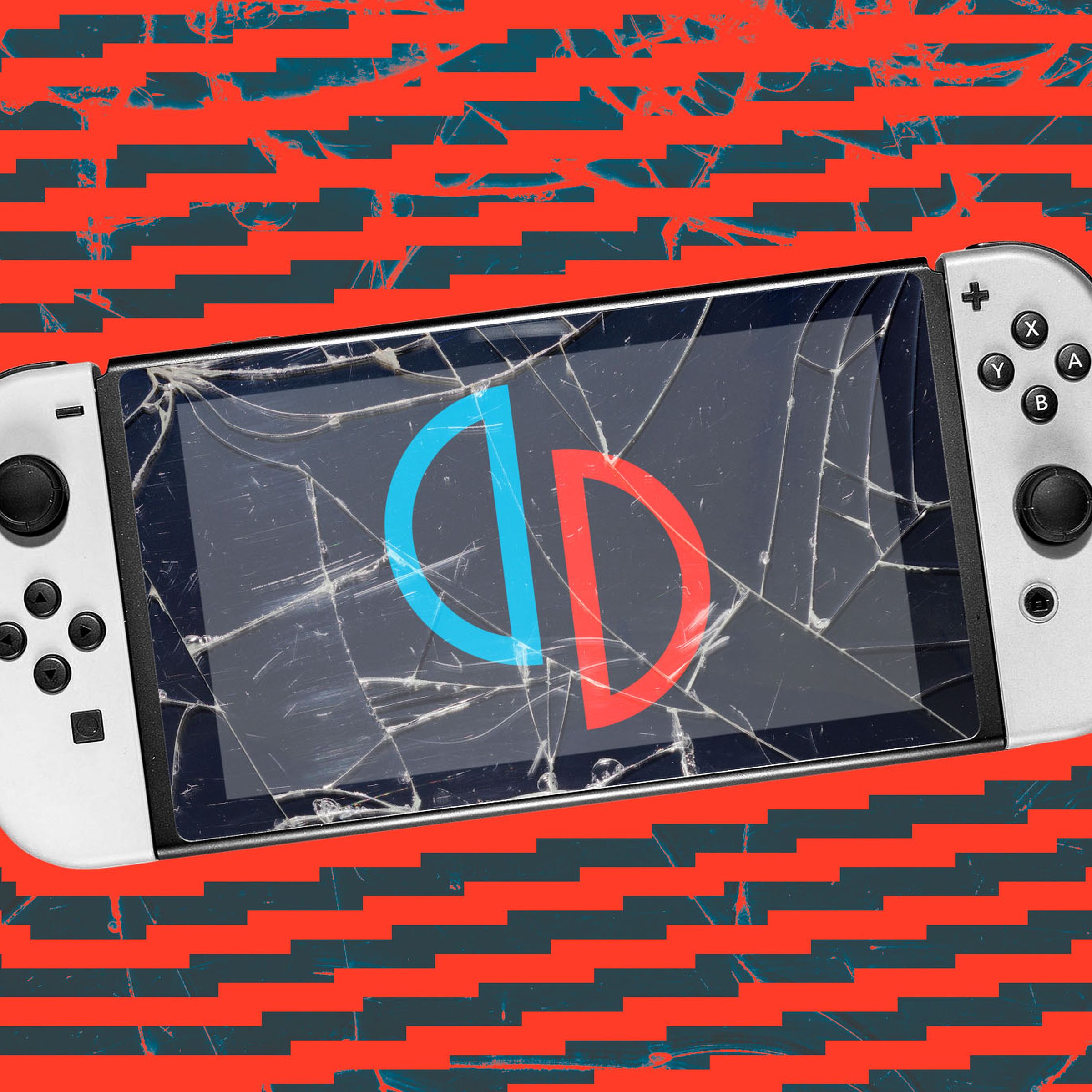 Photo illustration of a Nintendo Switch with a broken screen and the Yuzu logo.