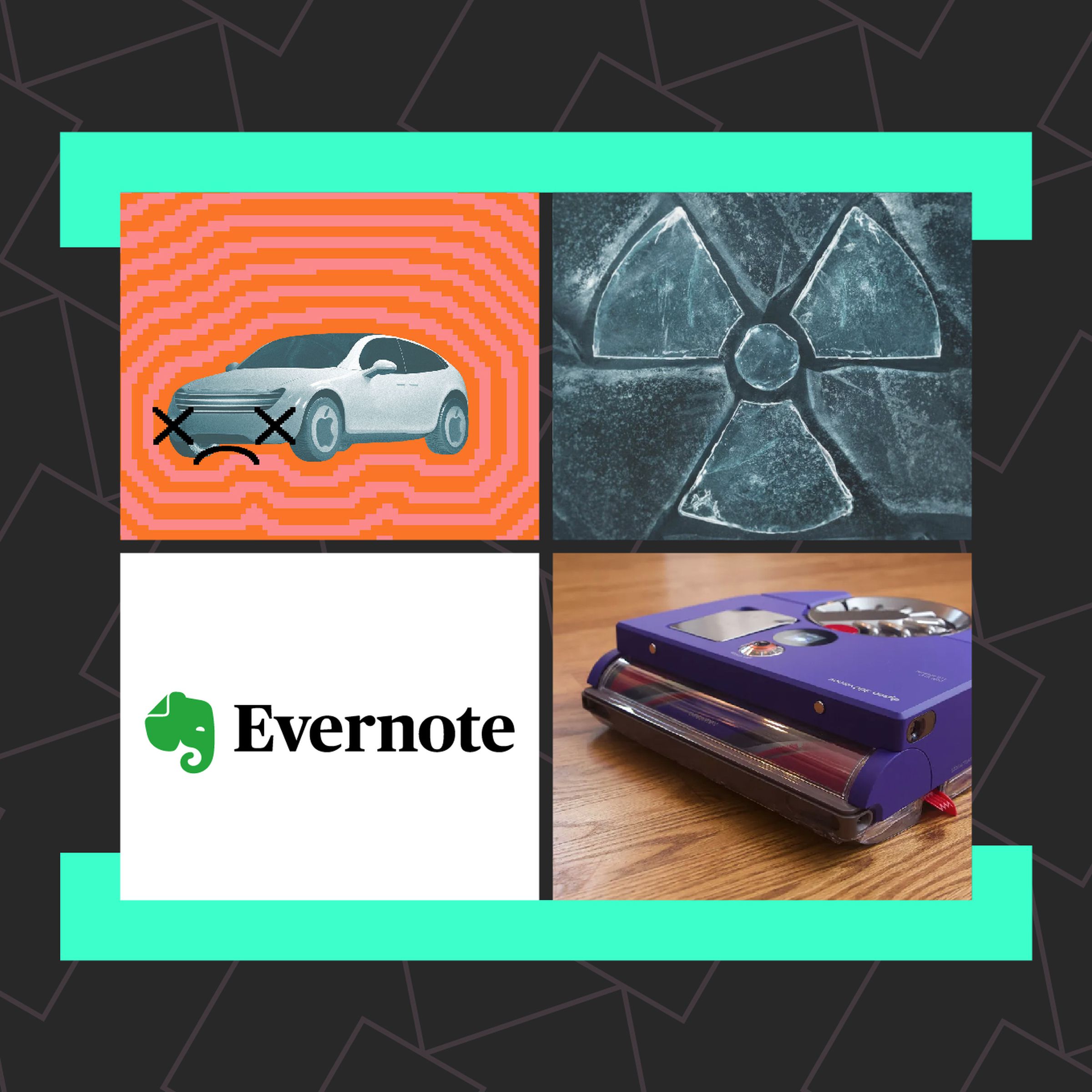 Photo collage of Apple car, Evernote logo, Dyson robot vac, and Turning Point key art for Installer.