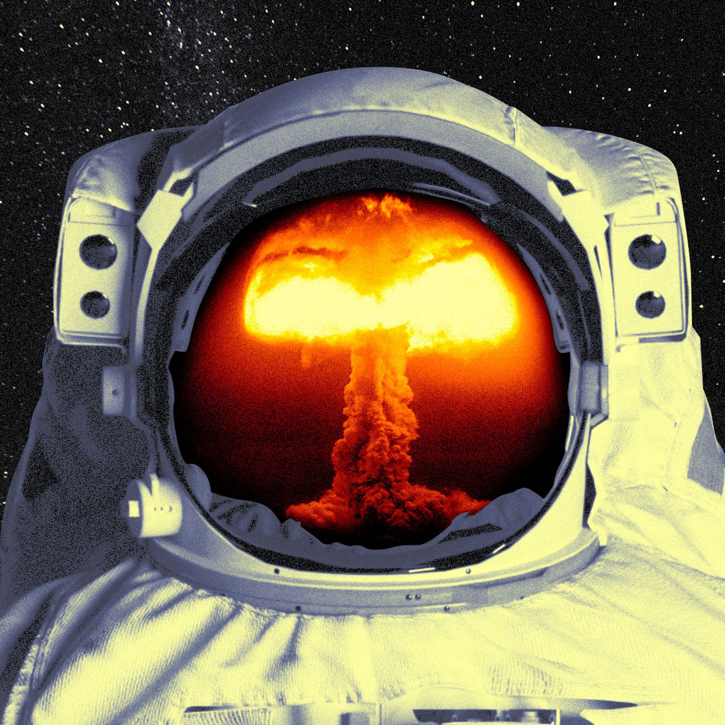 Photo collage of an astronaut with the reflection of a mushroom cloud in their helmet.