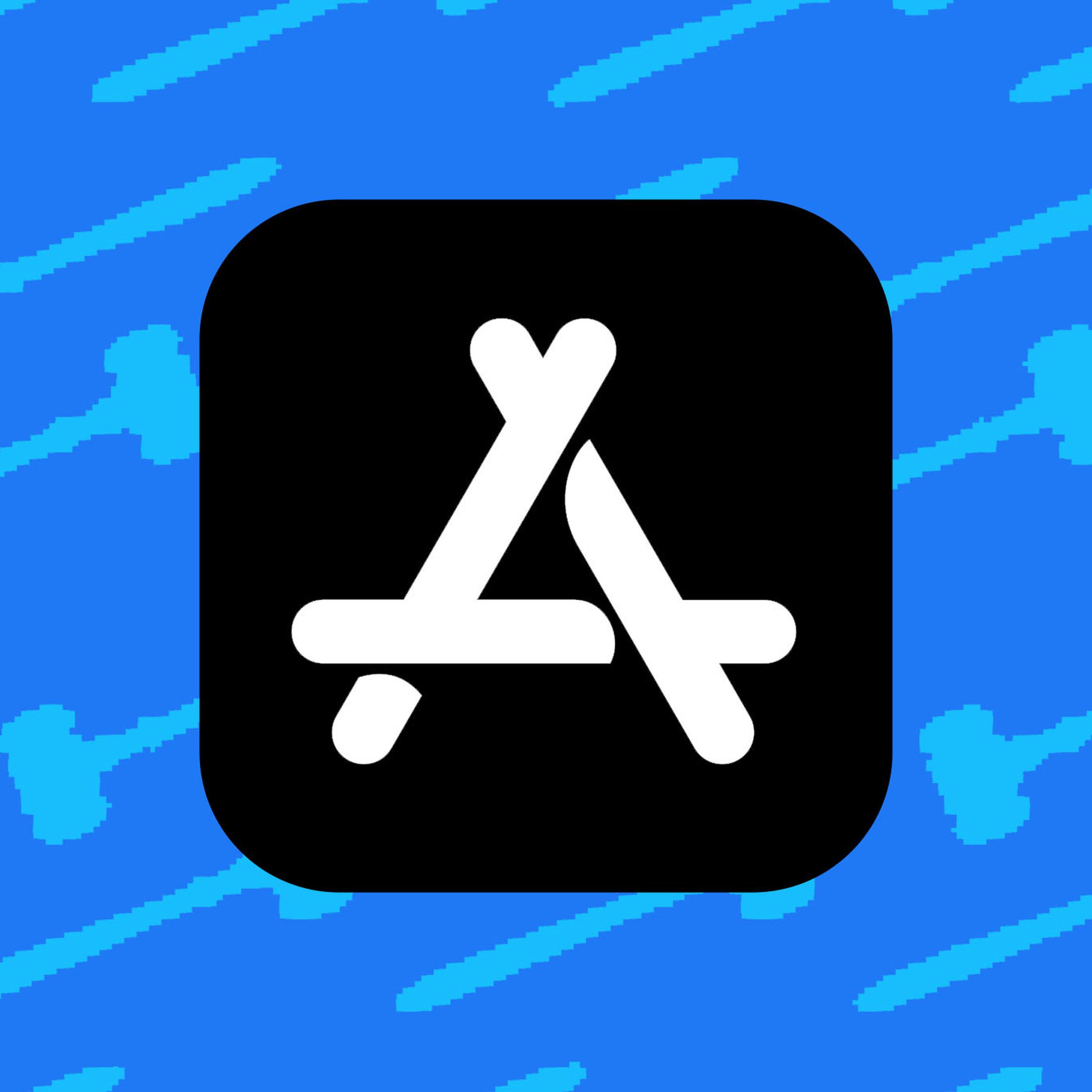 Illustration of the App Store logo in front of a background of gavels.