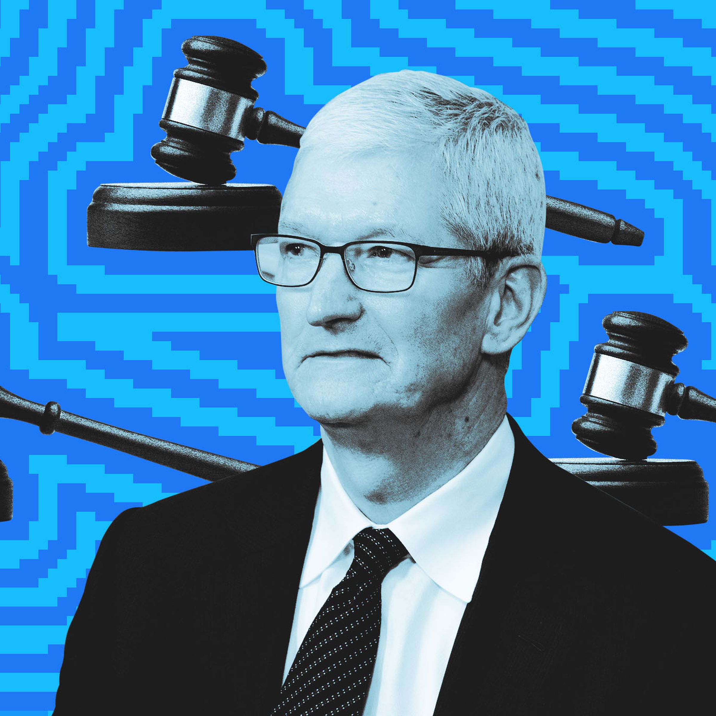 Photo illustration of Tim Cook in front of gavels.