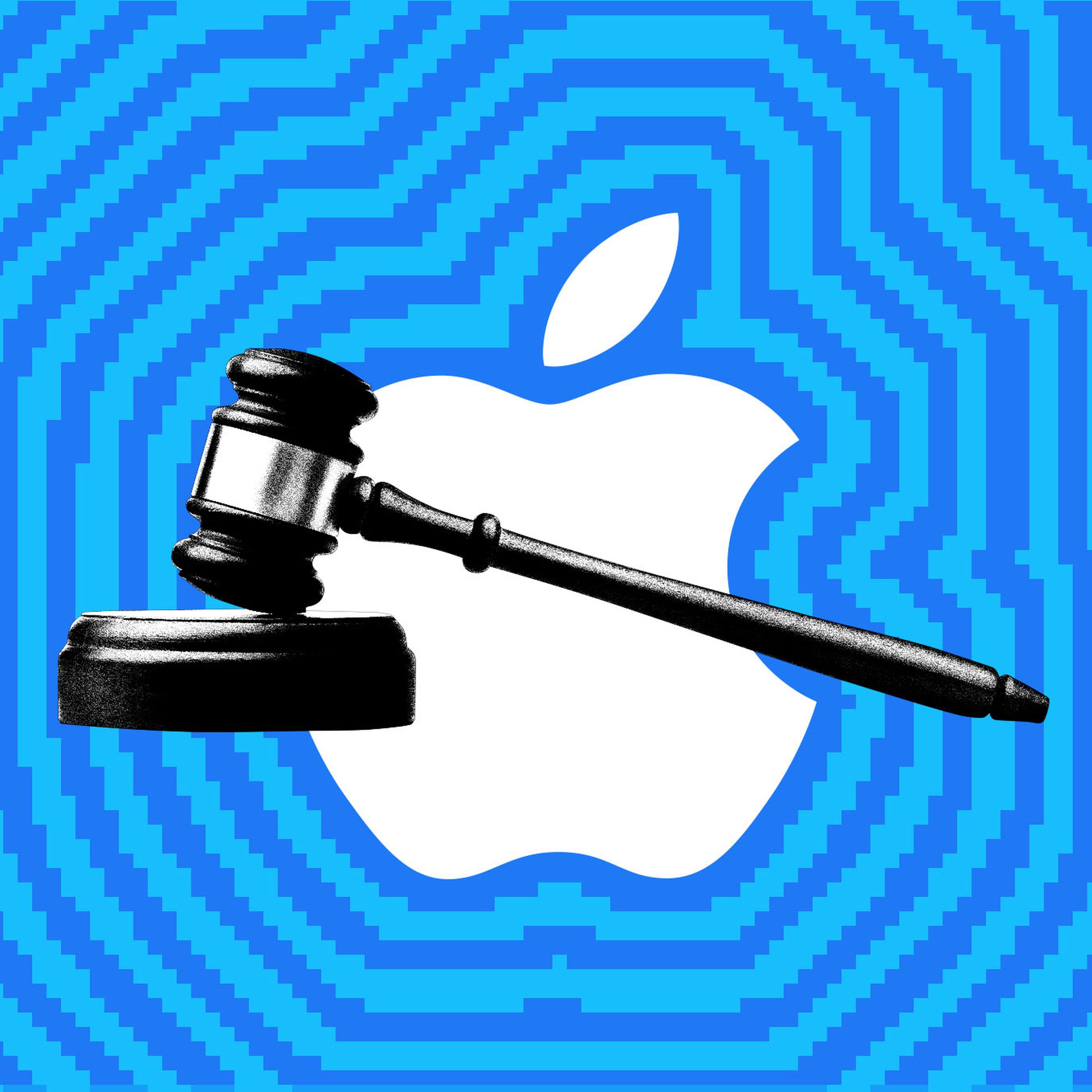 Illustration of the Apple logo behind a gavel.