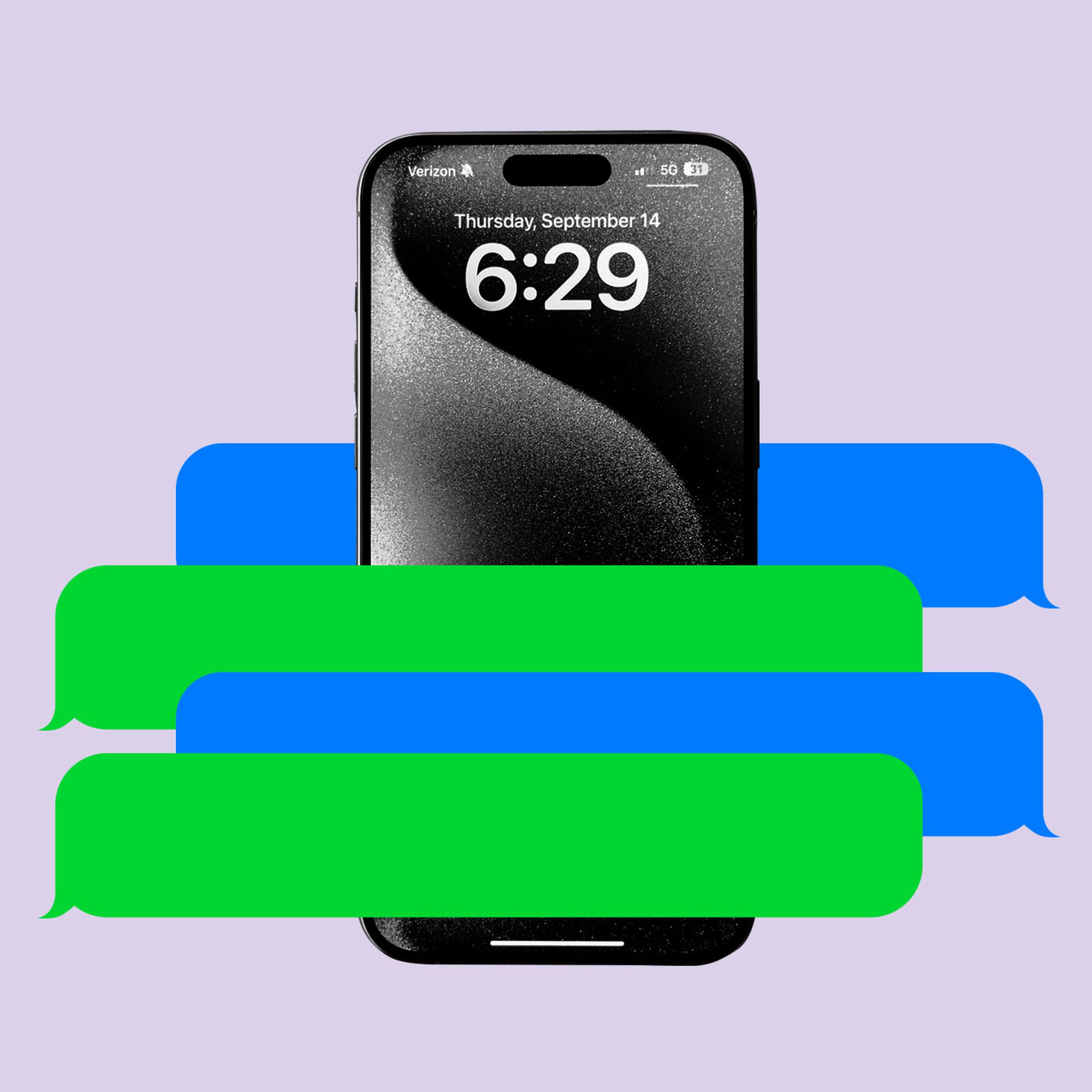Illustration of an iPhone surrounded by green and blue message bubbles.