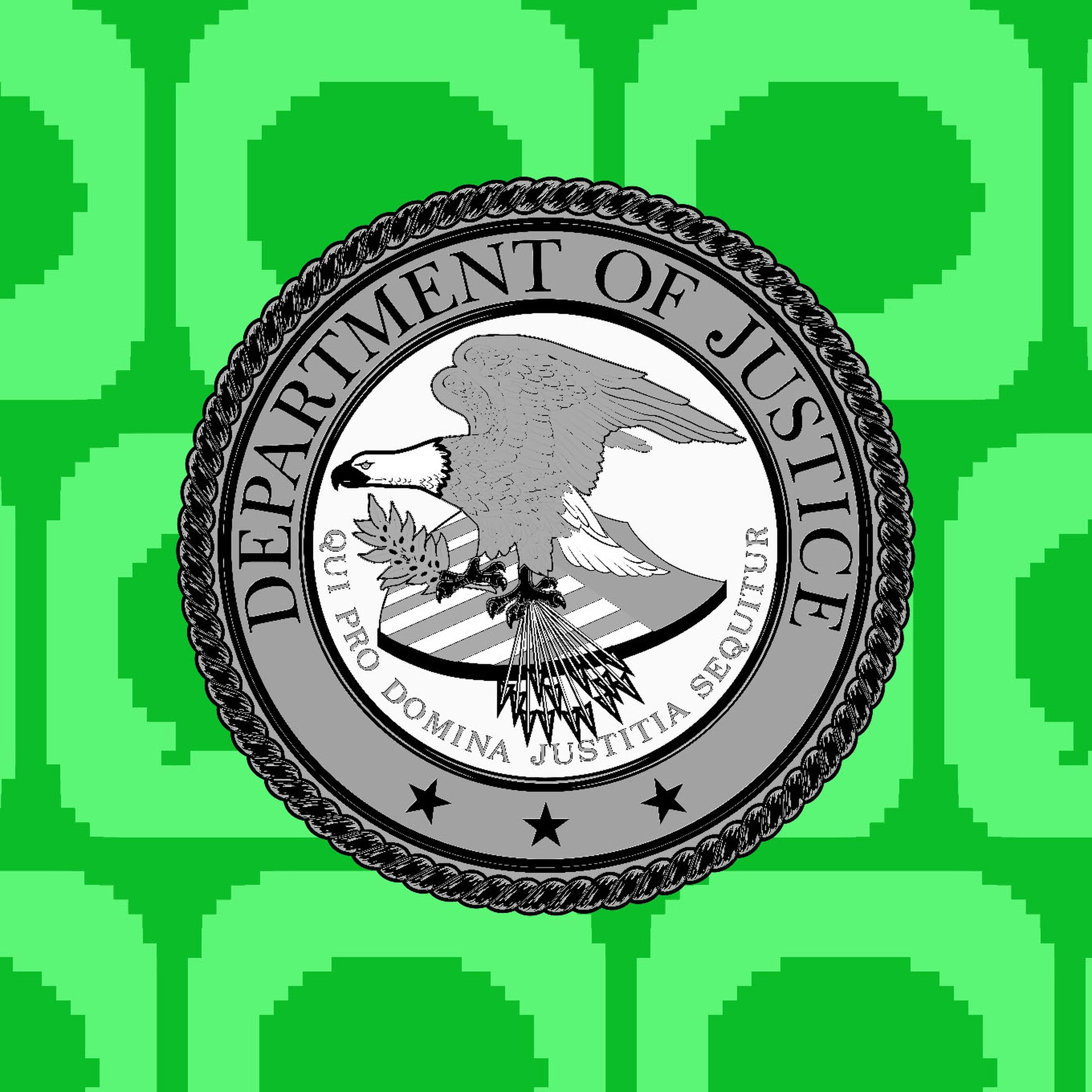 Illustration of the iMessage icon behind the Department of Justice seal.