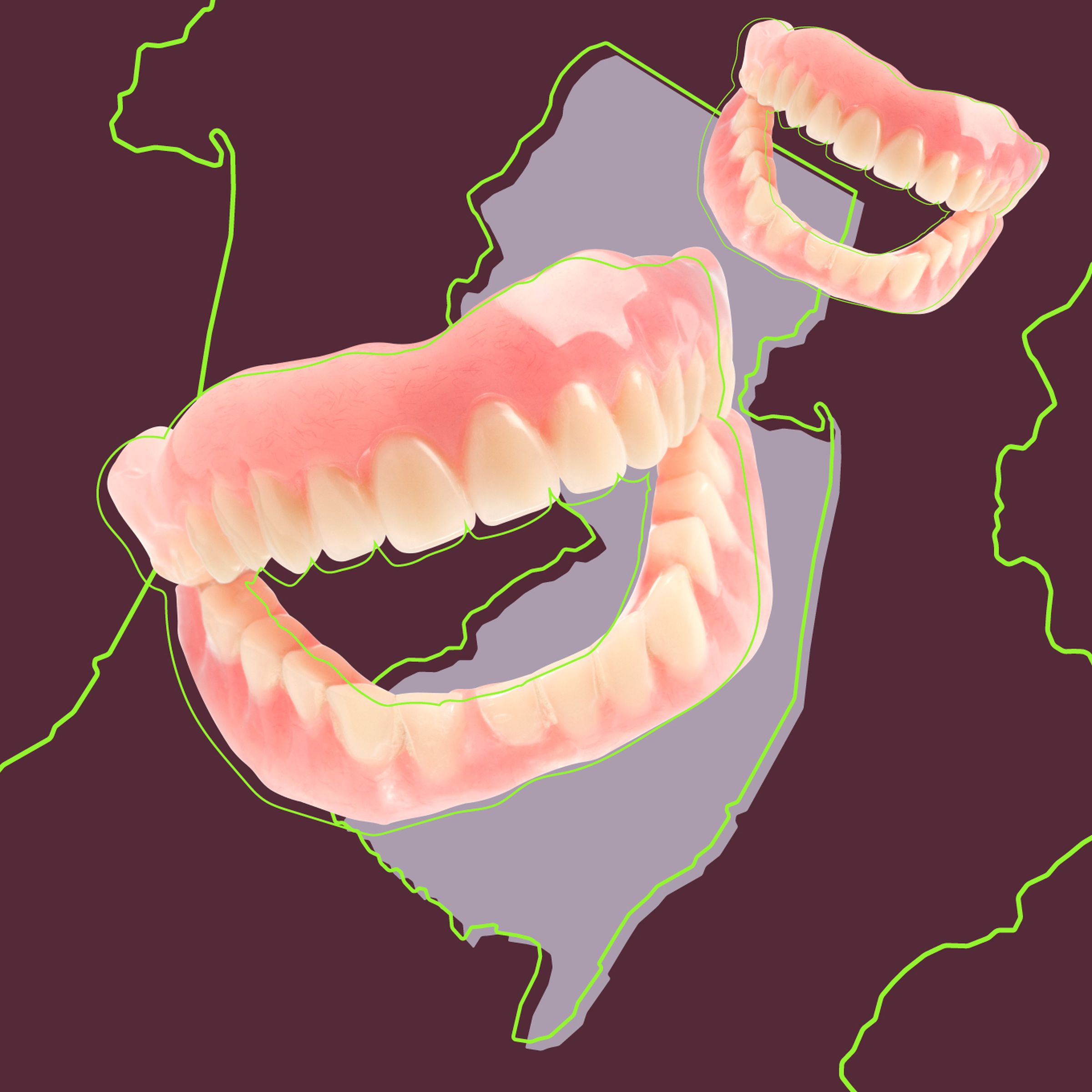 A photo showing dentures with a map of New Jersey in the background
