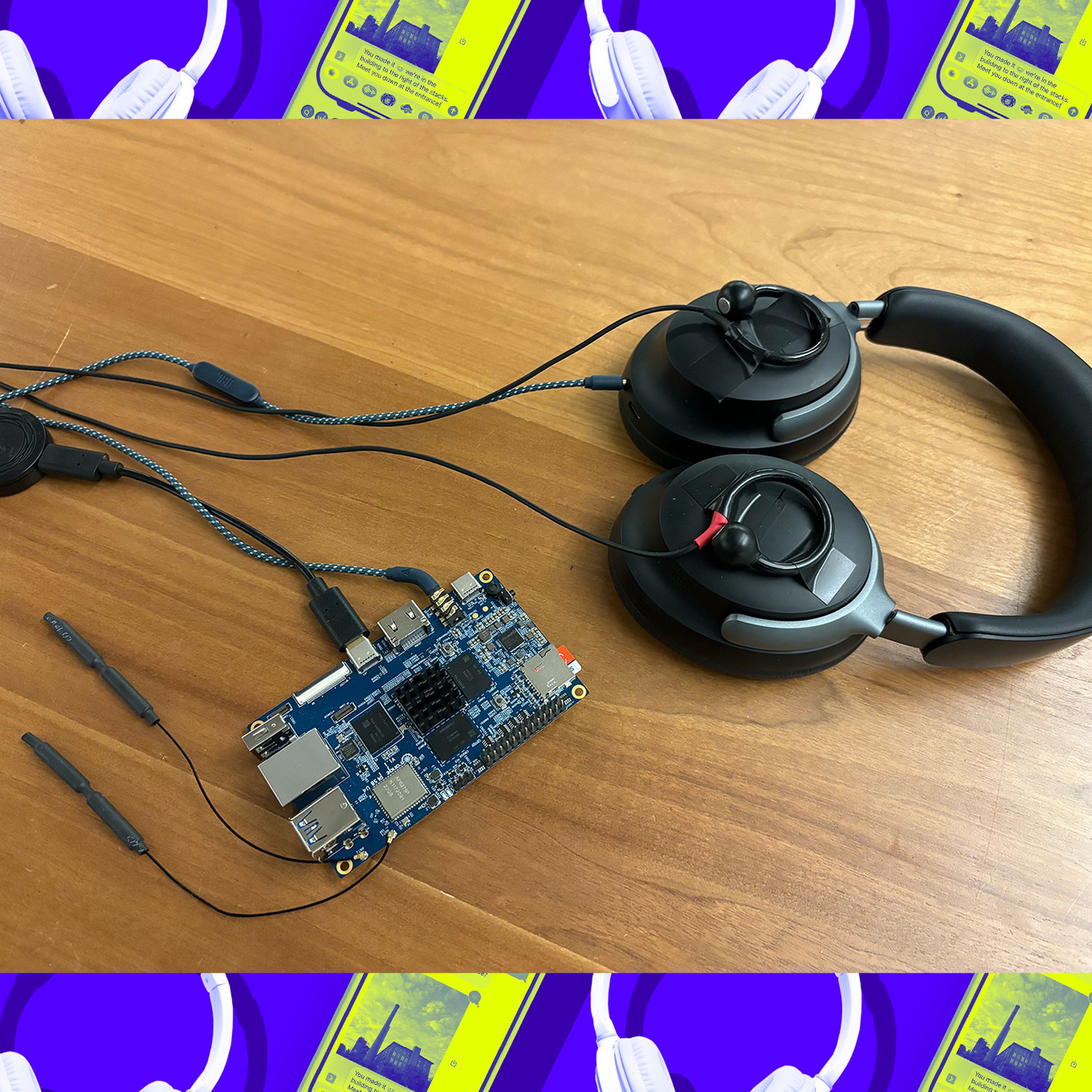 A photo of headphones with a motherboard, on top of a Vergecast illustration.