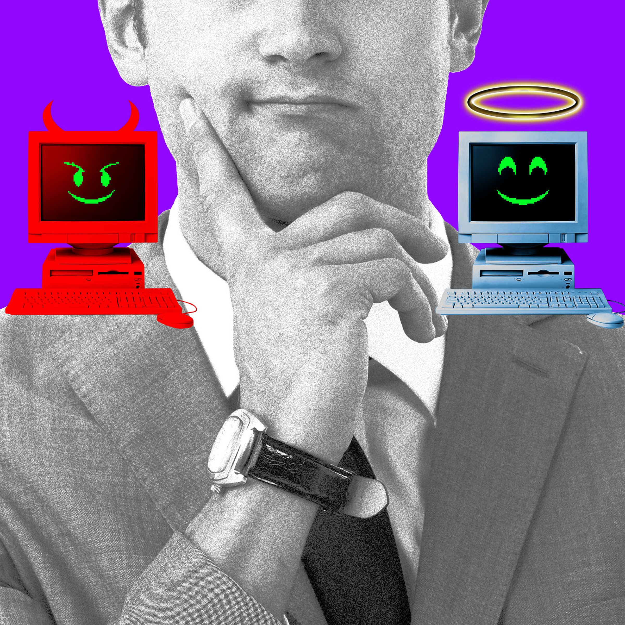 Collage of a person in a suit choosing between a devil computer and an angel computer.