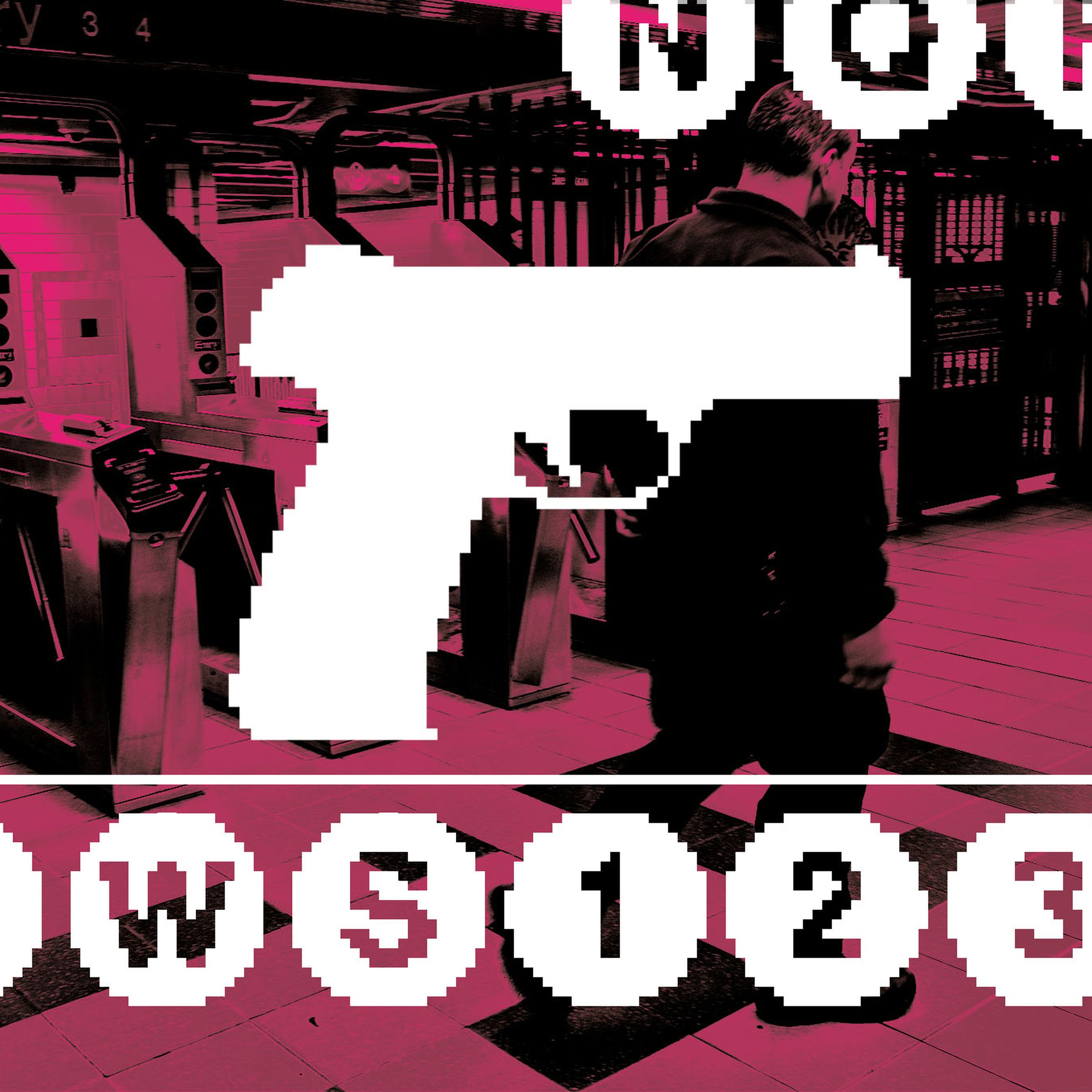Photo illustration of an NYPD officer in a subway station behind a pixelated gun.