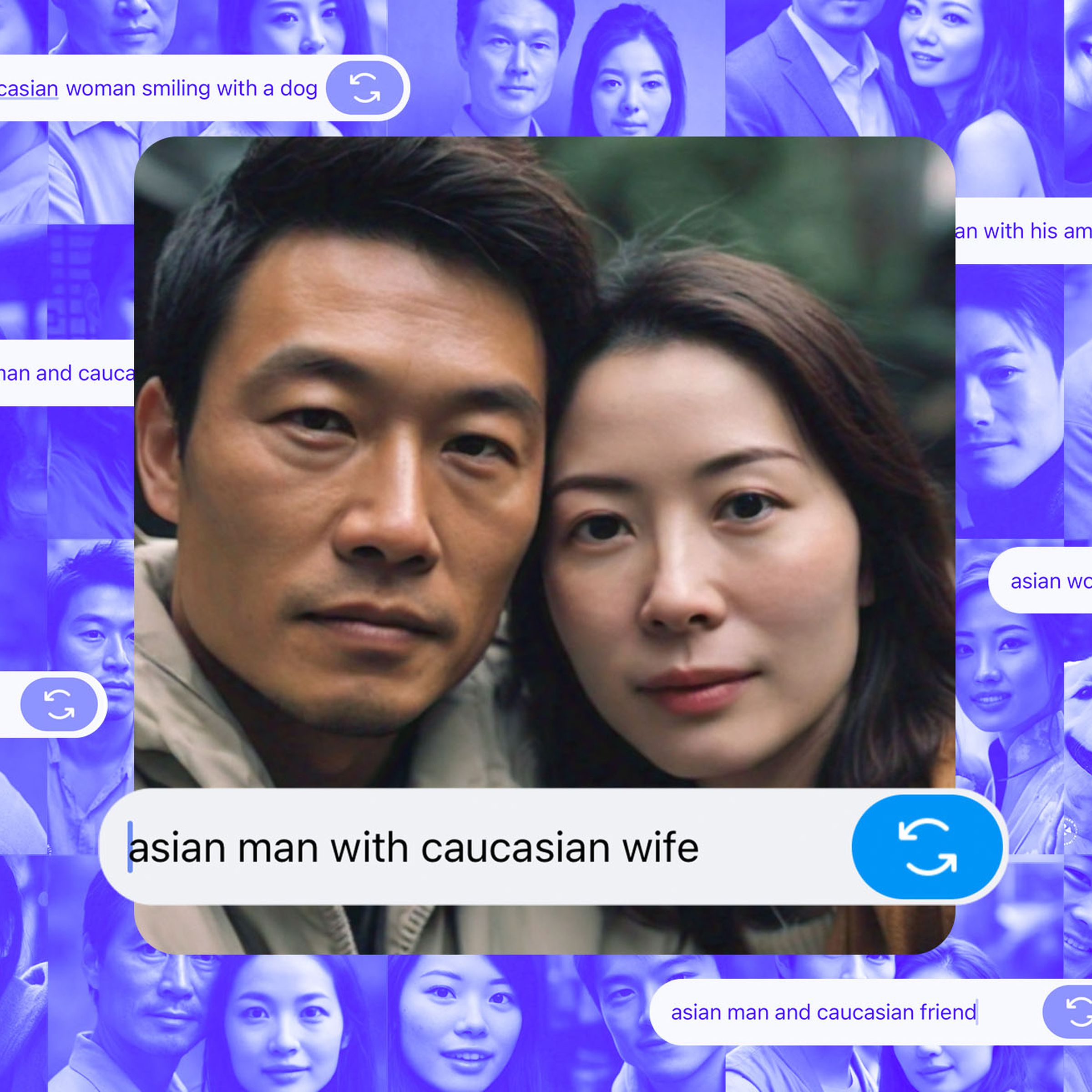 Photo collage of screenshots from Meta AI showing inaccurate images with Asian people.