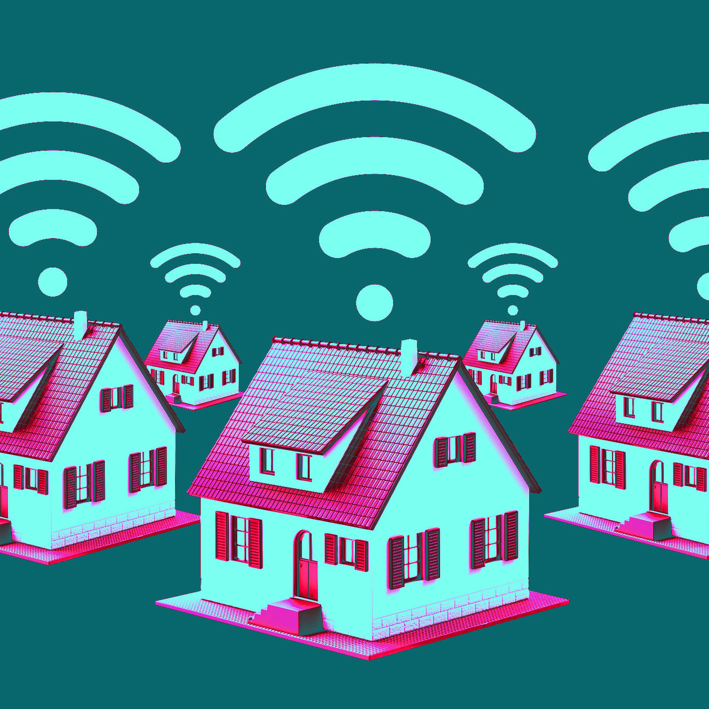 Photo illustration of houses with Wi-Fi symbols.