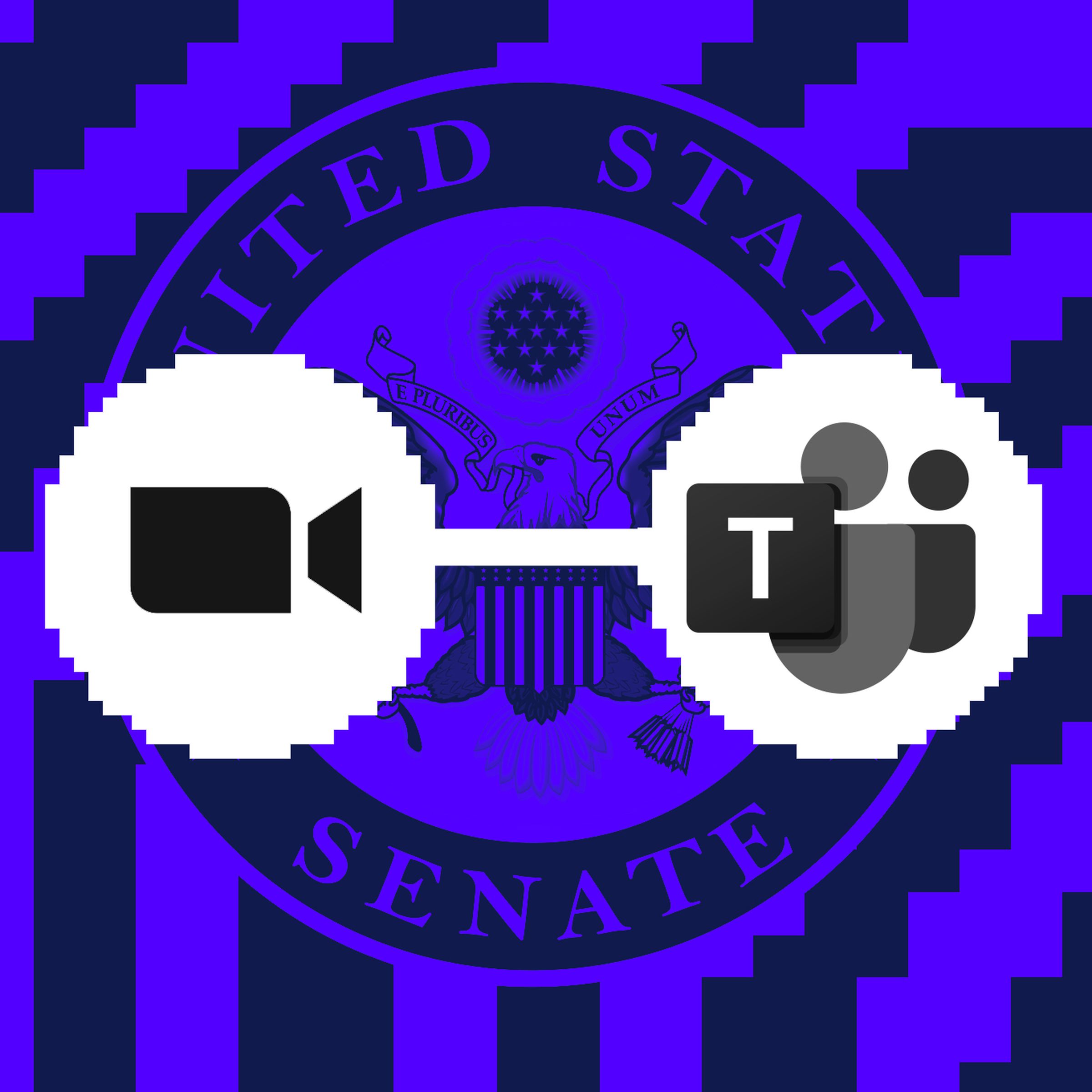 Collage of the Zoom and Teams logos being connected in front of the Senate Seal.