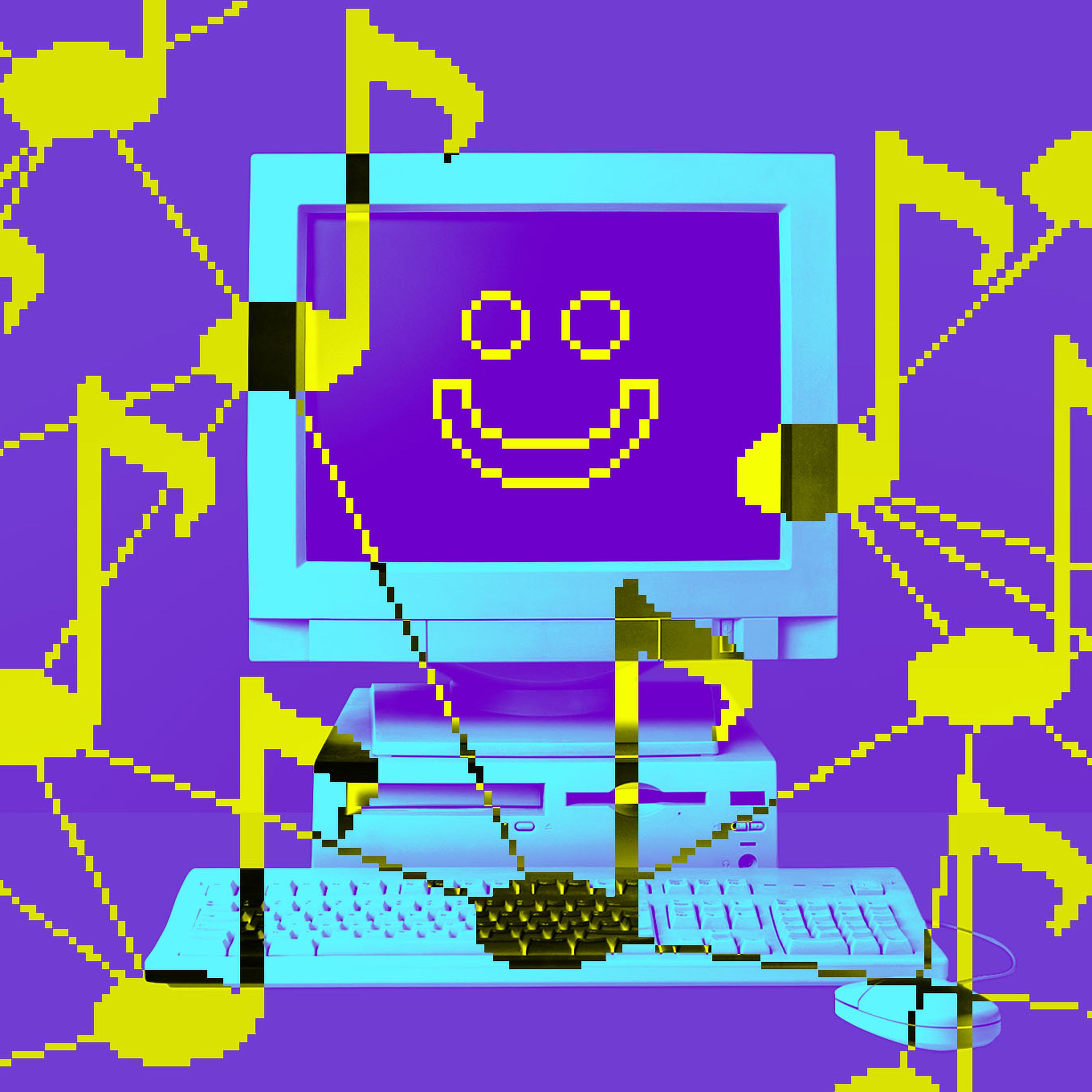 A smiling computer surrounded by music notes connected like data points.