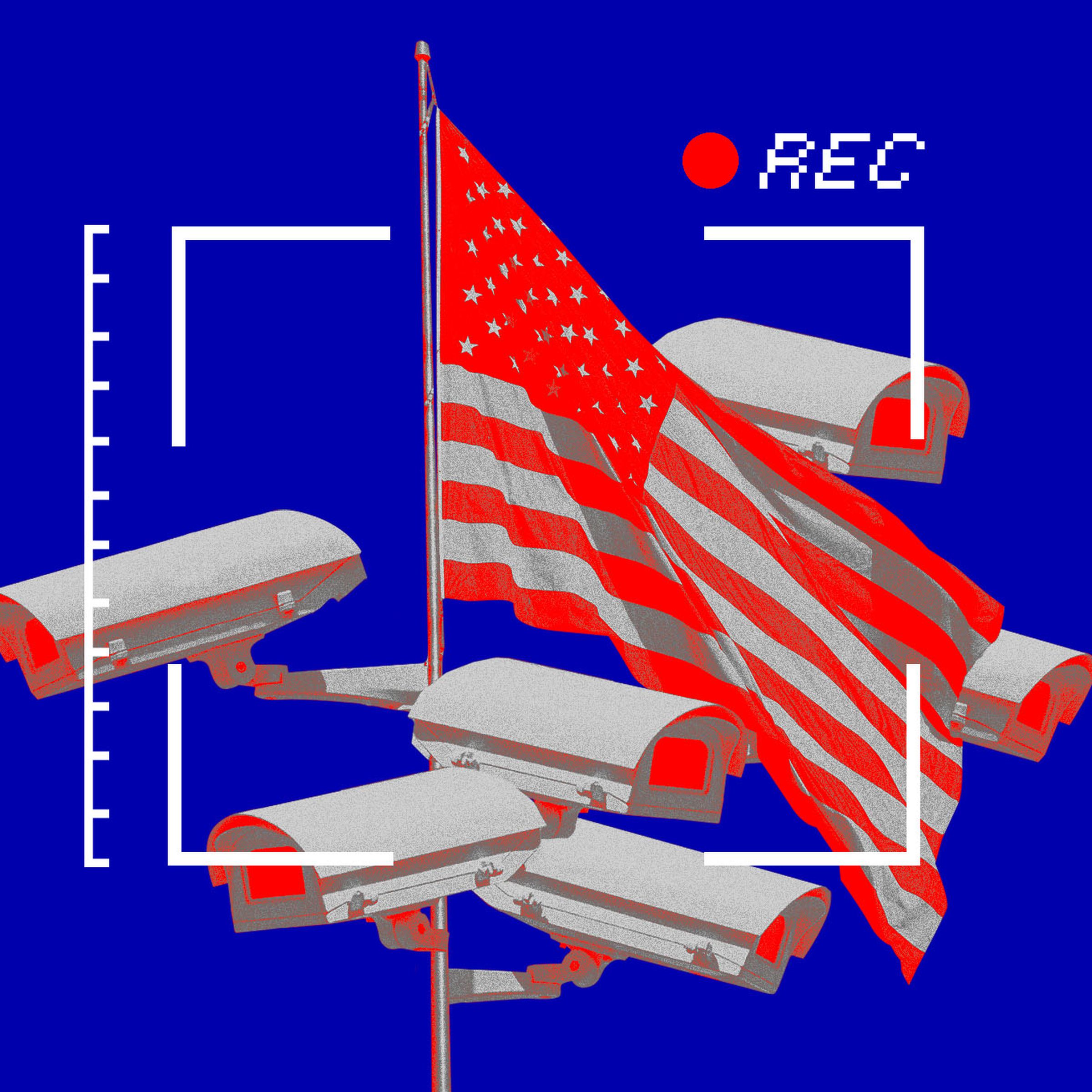 Photo collage of an American flag pole covered in security cameras.
