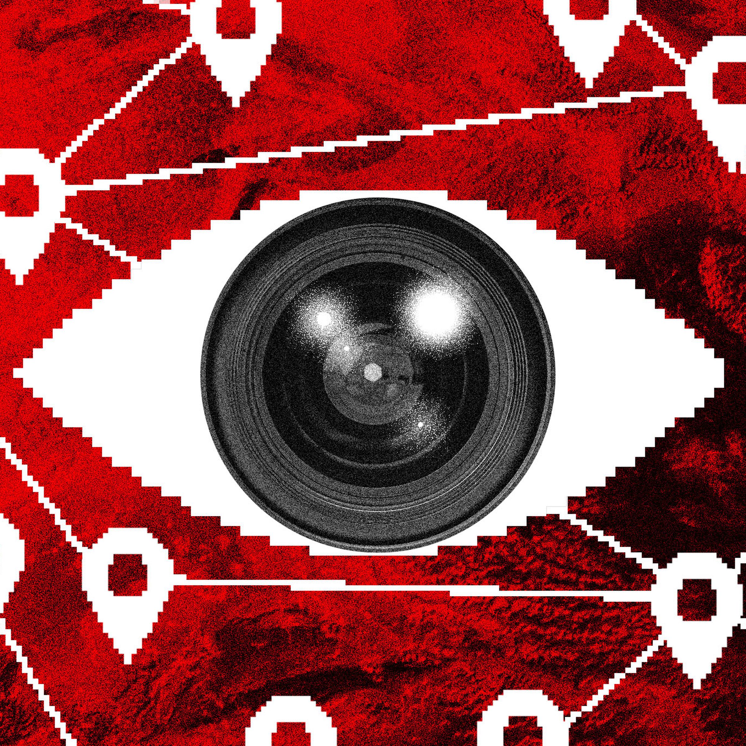 Photo collage of a big eye with a camera lens instead of a pupil in front of a background of location plackets over a topographical map.