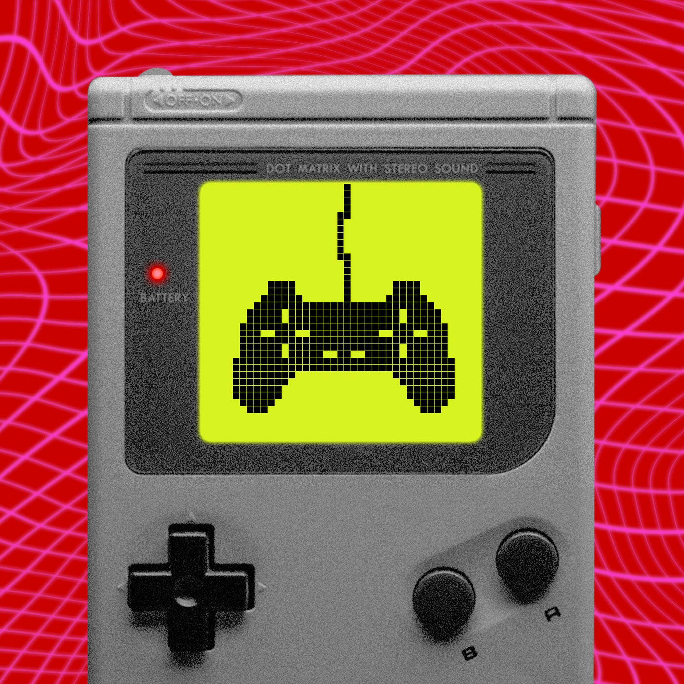 A photo collage of a Nintendo Game Boy with a PlayStation controller on the screen.