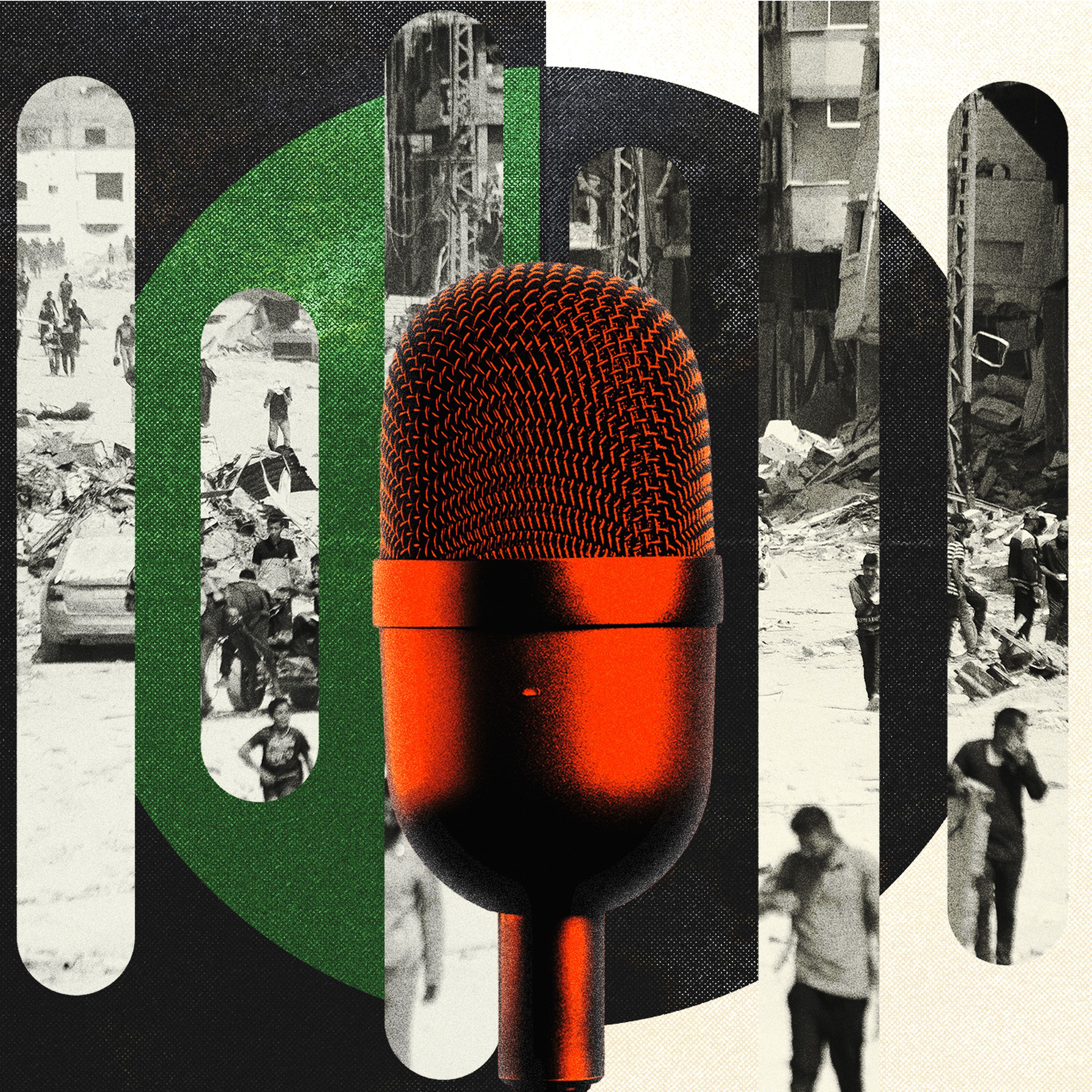 Illustration of a microphone on top of a collage of an image of Gaza City.