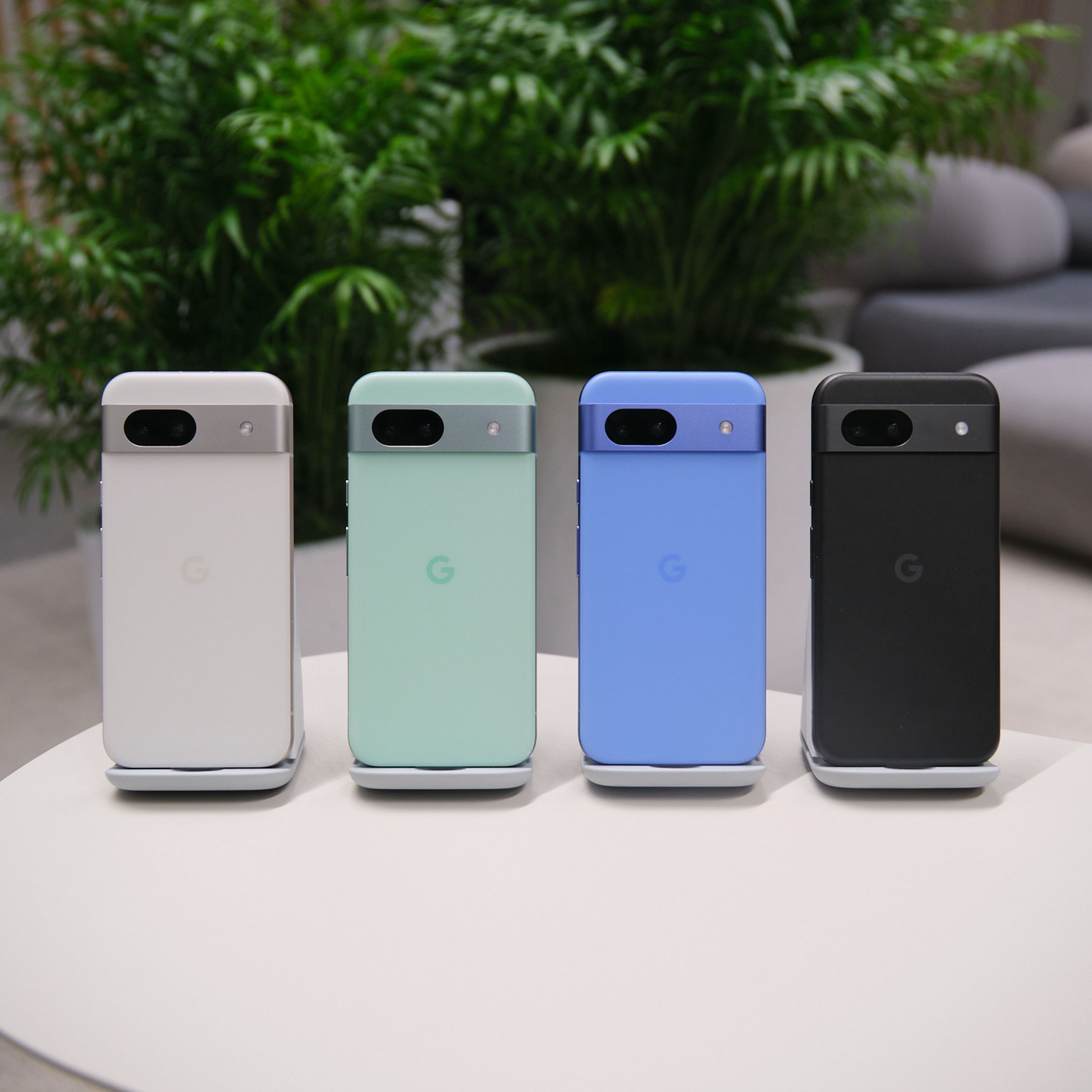 Pixel 8A in four color options: aloe, bay, obsidian, and porcelain.