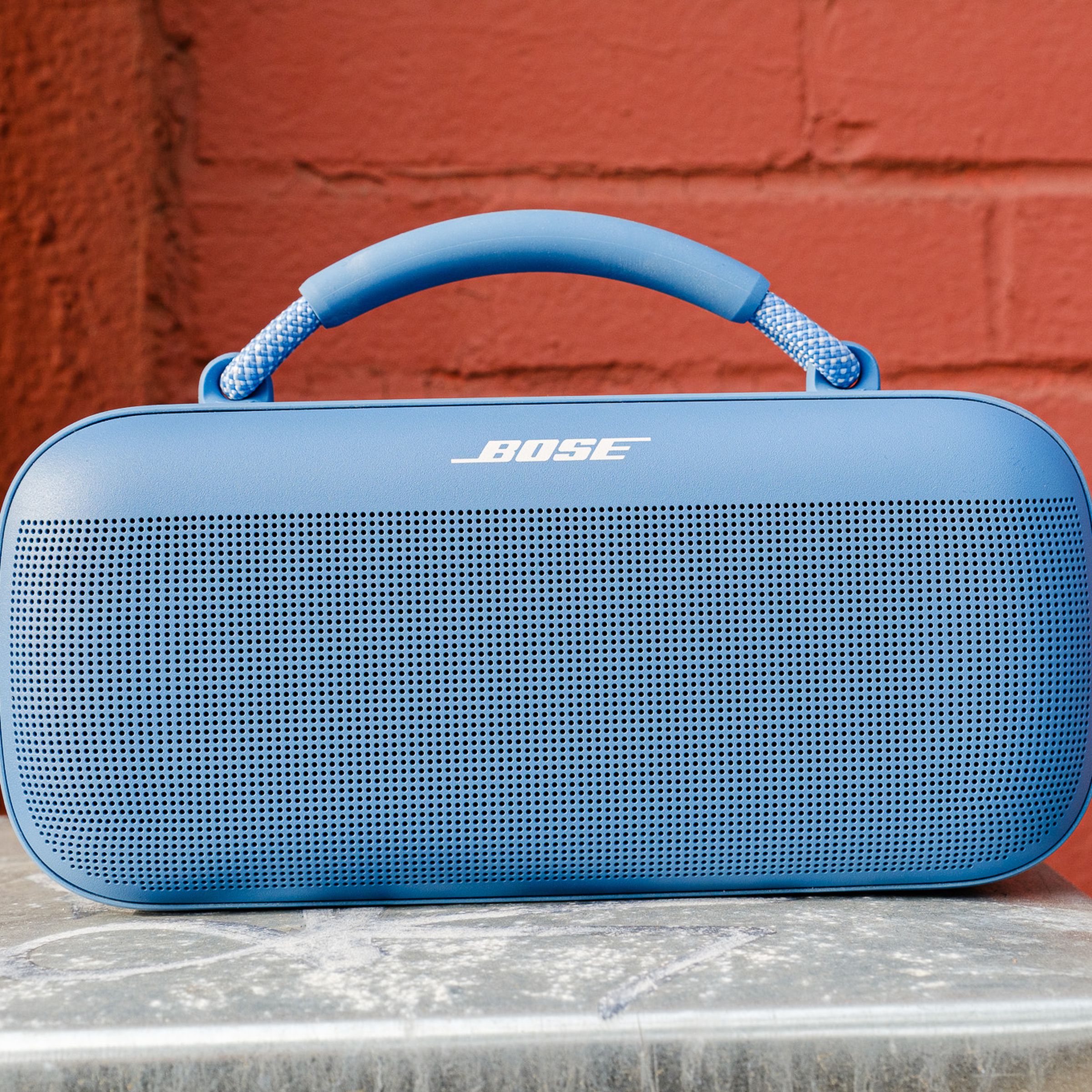 A photo of Bose’s blue SoundLink Max portable speaker.