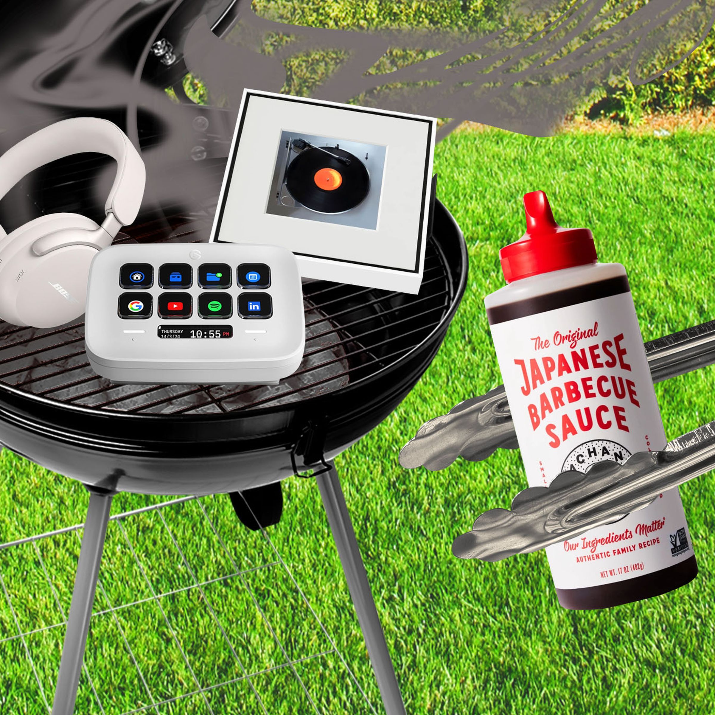 Photo collage illustration of various products sitting on a smoking BBQ grill.