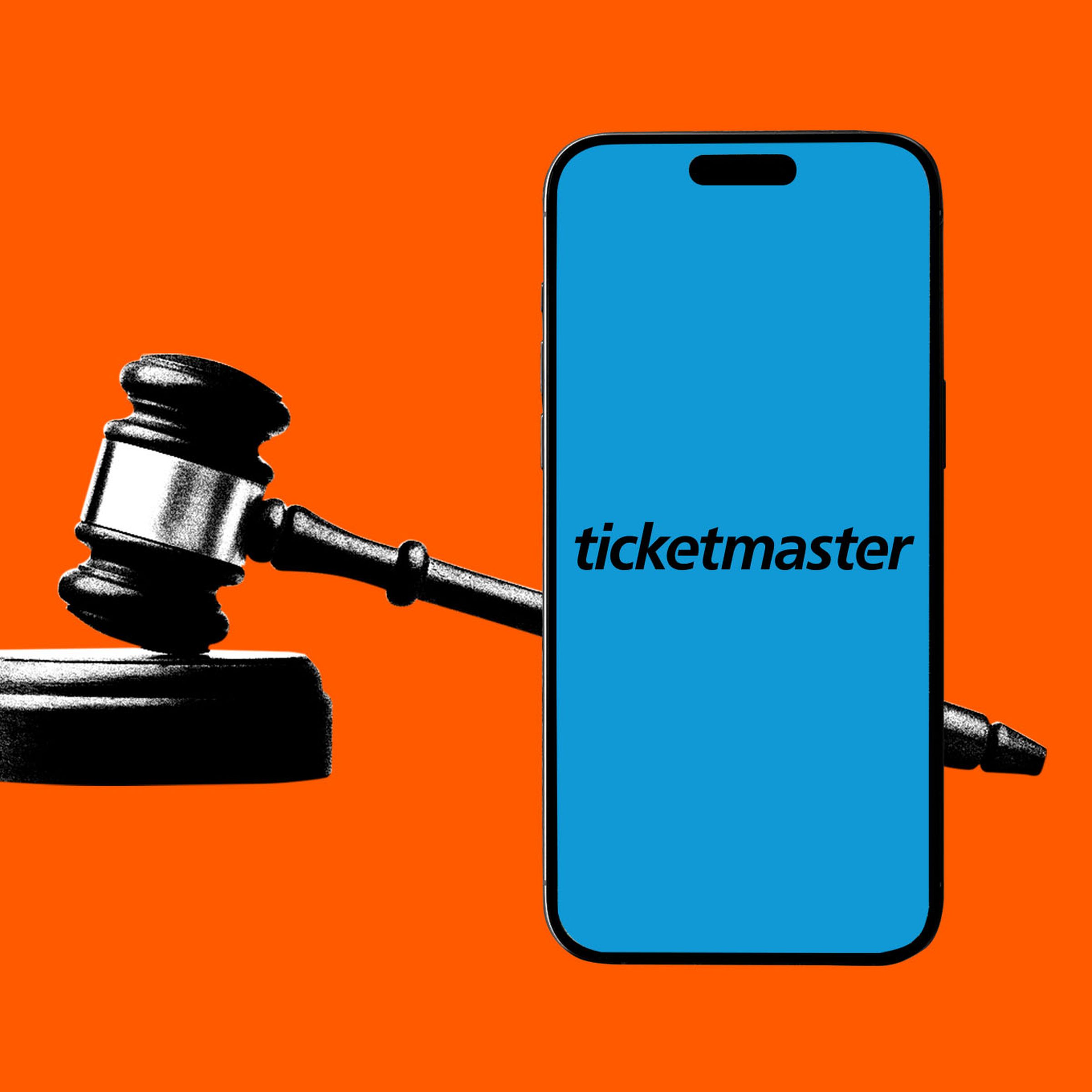 Photo illustration of a gavel next to a phone showing the Ticketmaster logo.