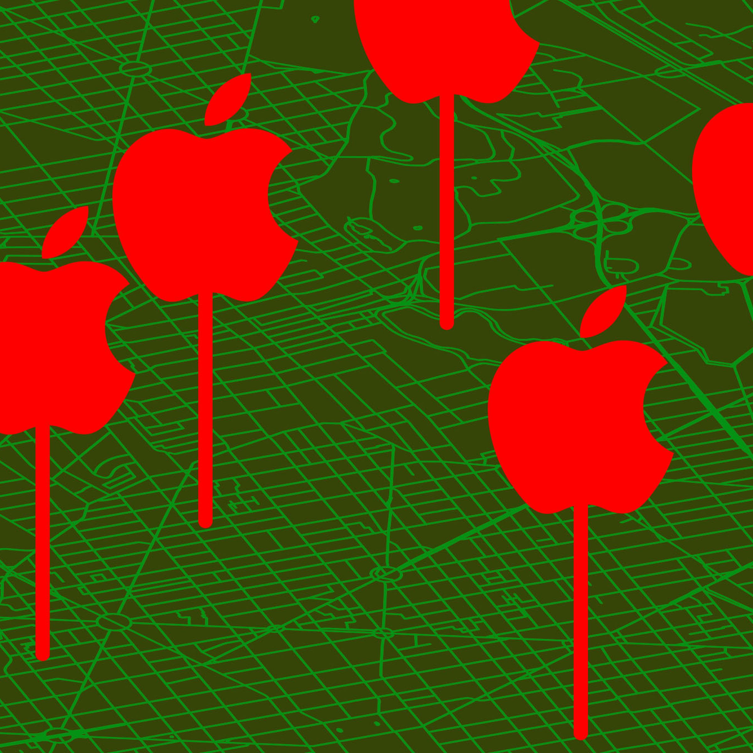 Illustration of various Apple pins dropped on a map.