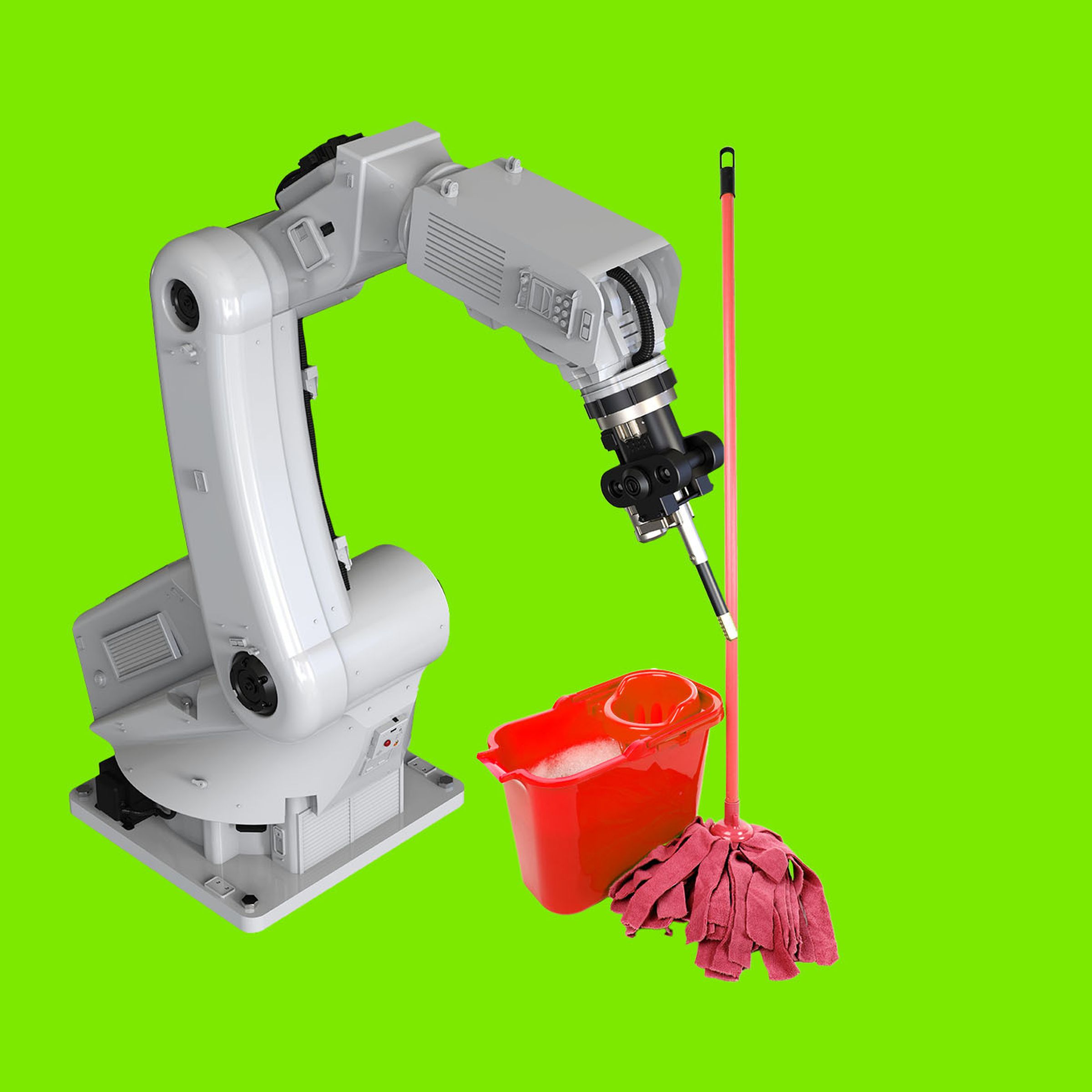 Robot arm, mop, and bucket on a green backround