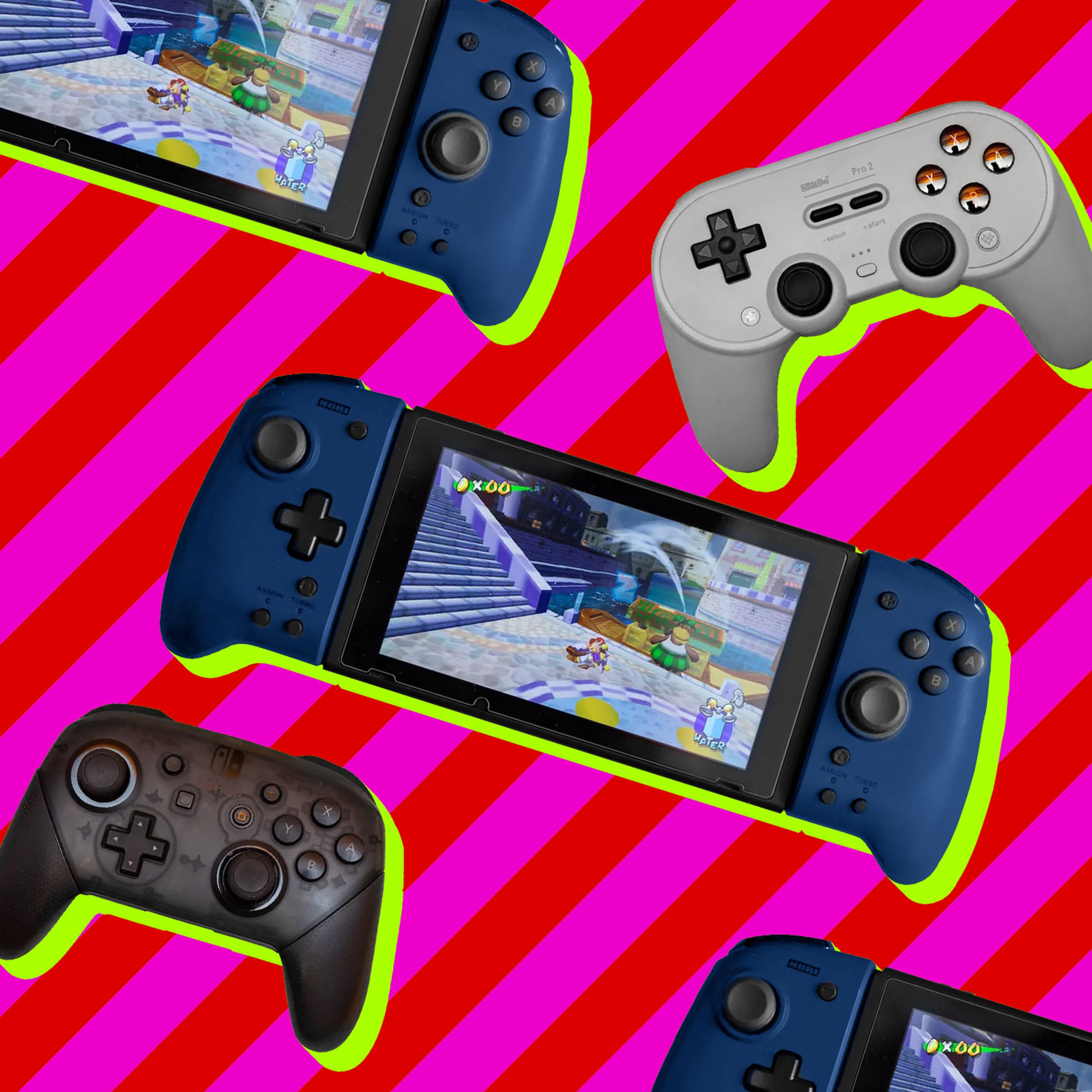 Photocollage of a variety of Nintendo Switch controllers.