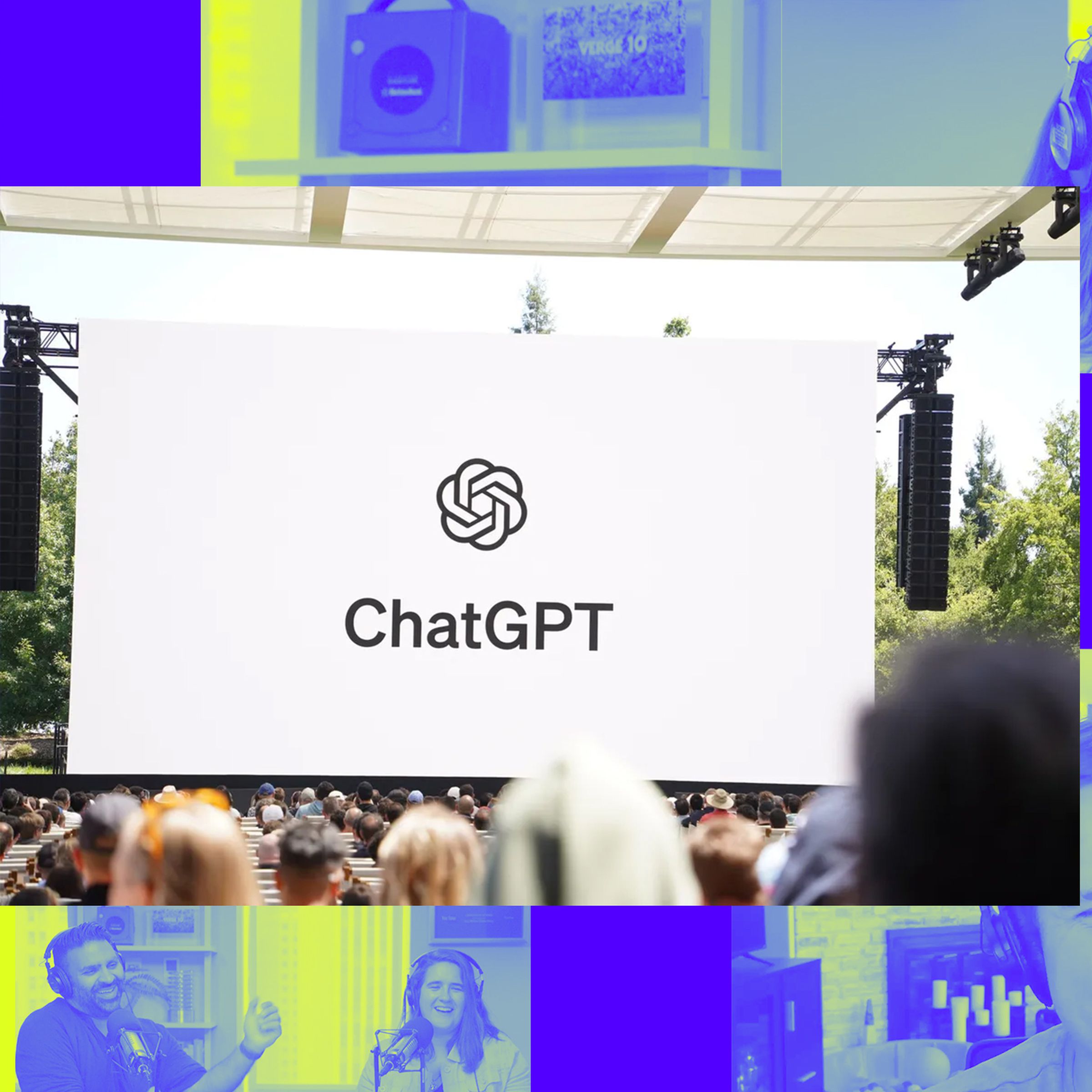 A photo of the ChatGPT logo over a Vergecast illustration.