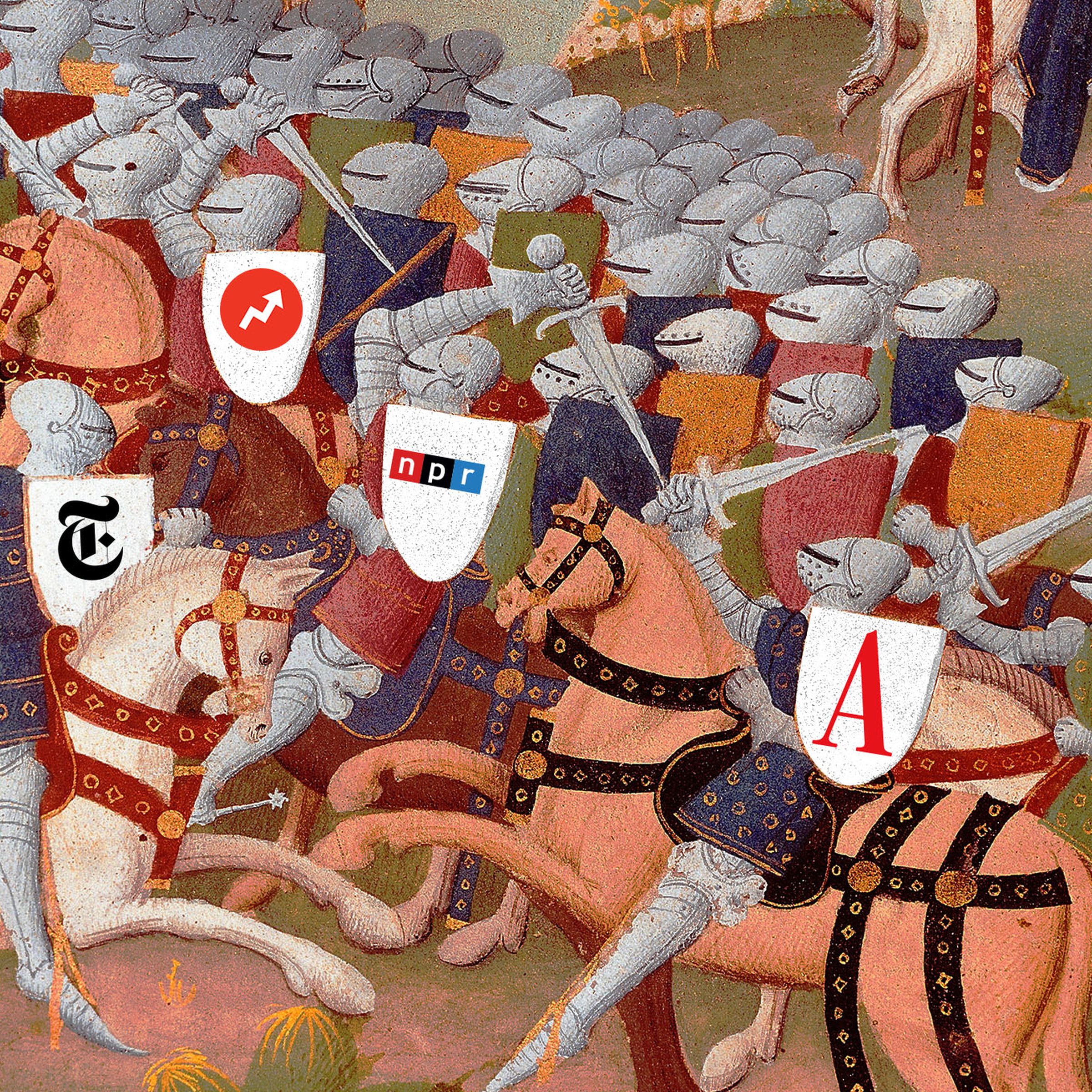 Collage of a piece of medieval art of knights battling but their shields are different news media company logos.