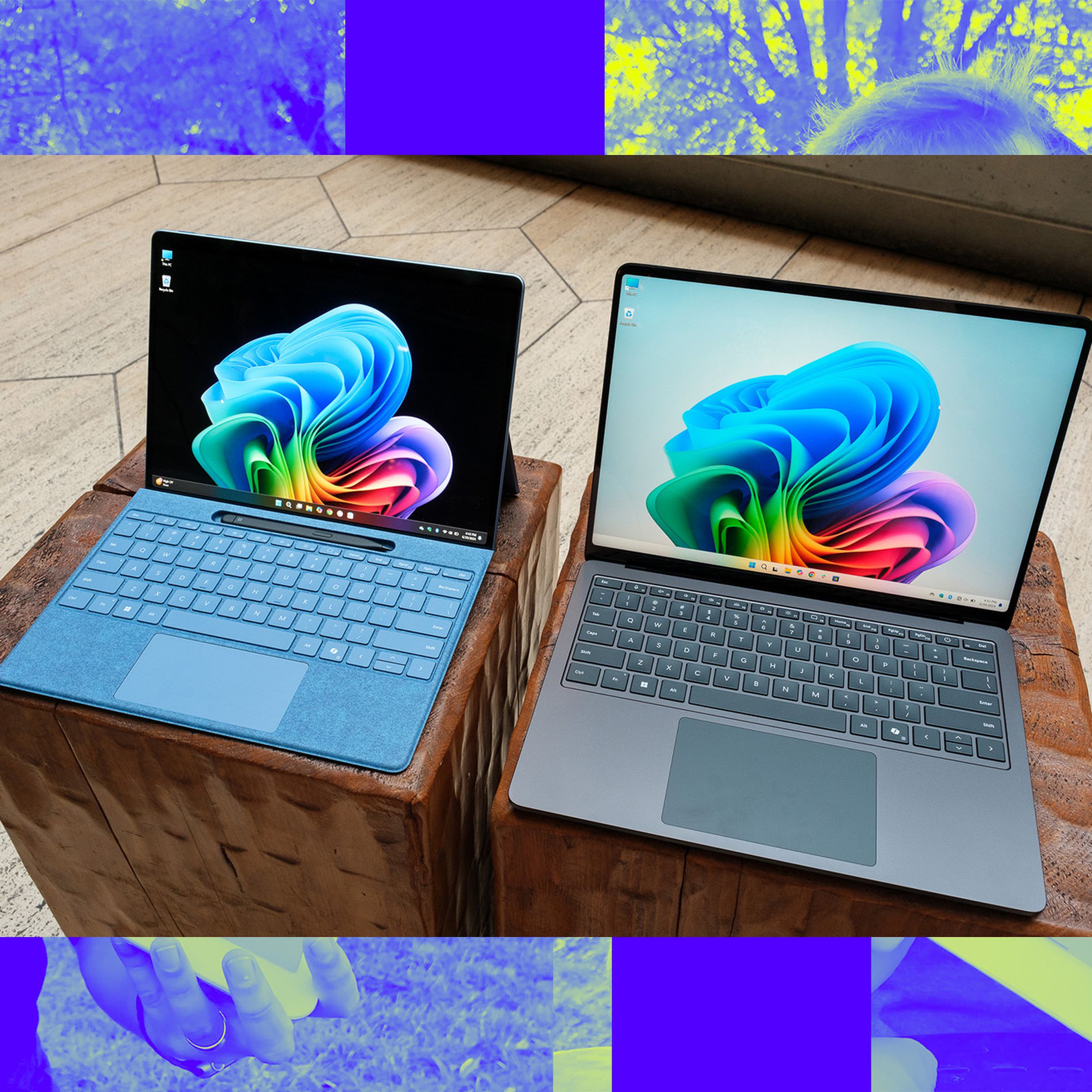A photo of the new Microsoft Surface Pro and Surface Laptop, both on a table.