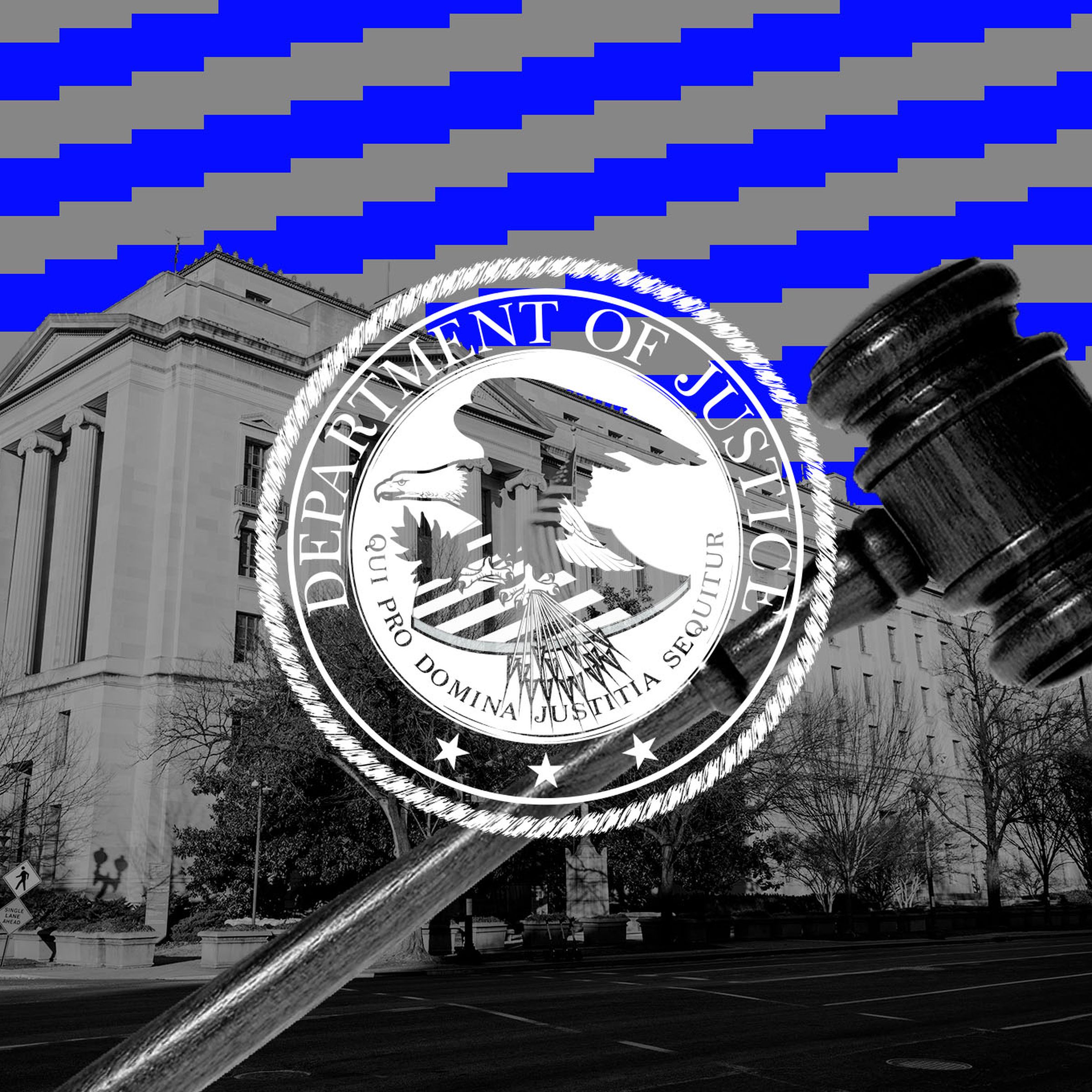 Photo collage of the Department of Justice seal in front of the Robert F. Kennedy building.