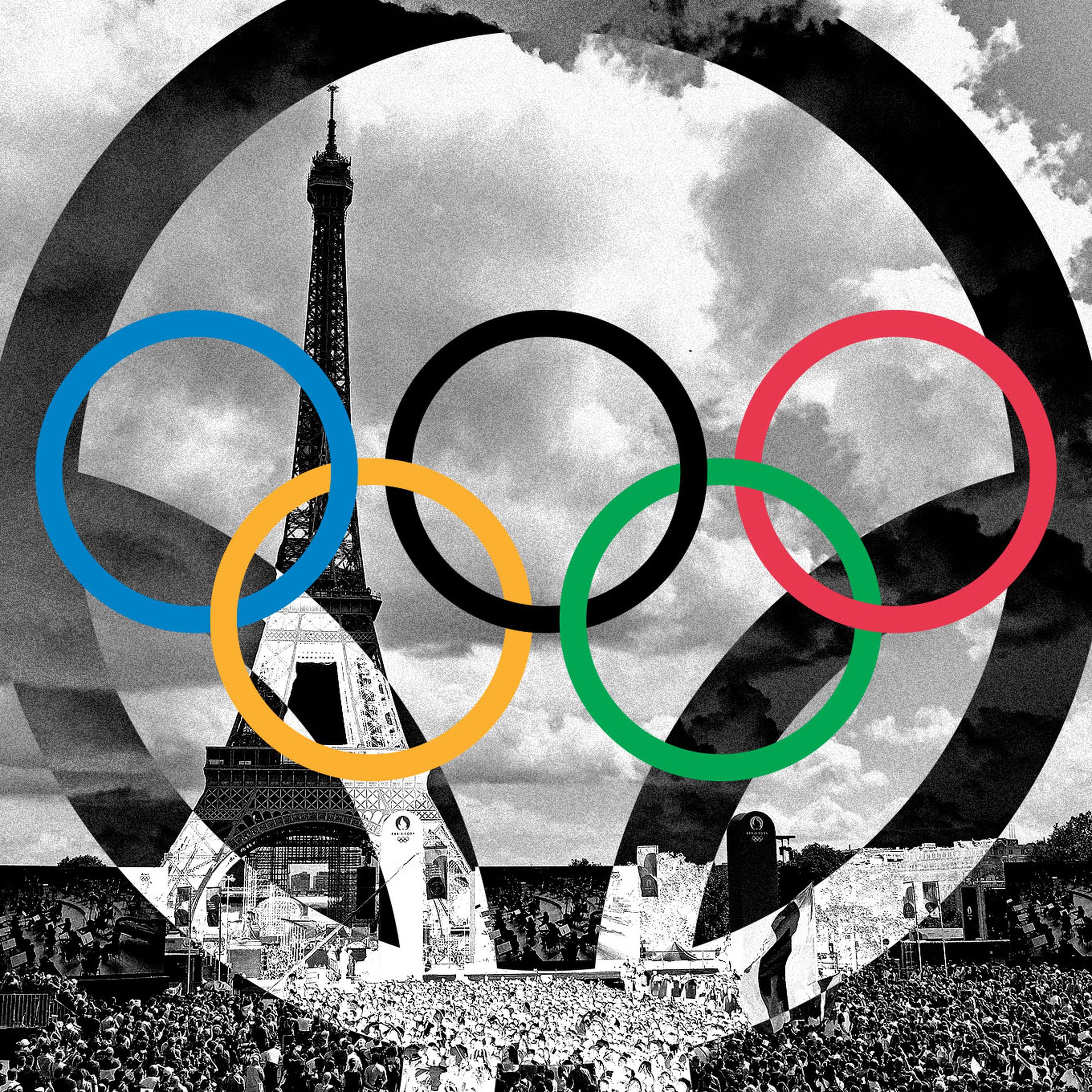 Photo collage of the Olympics rings over a photo of a Paris Olympics event.