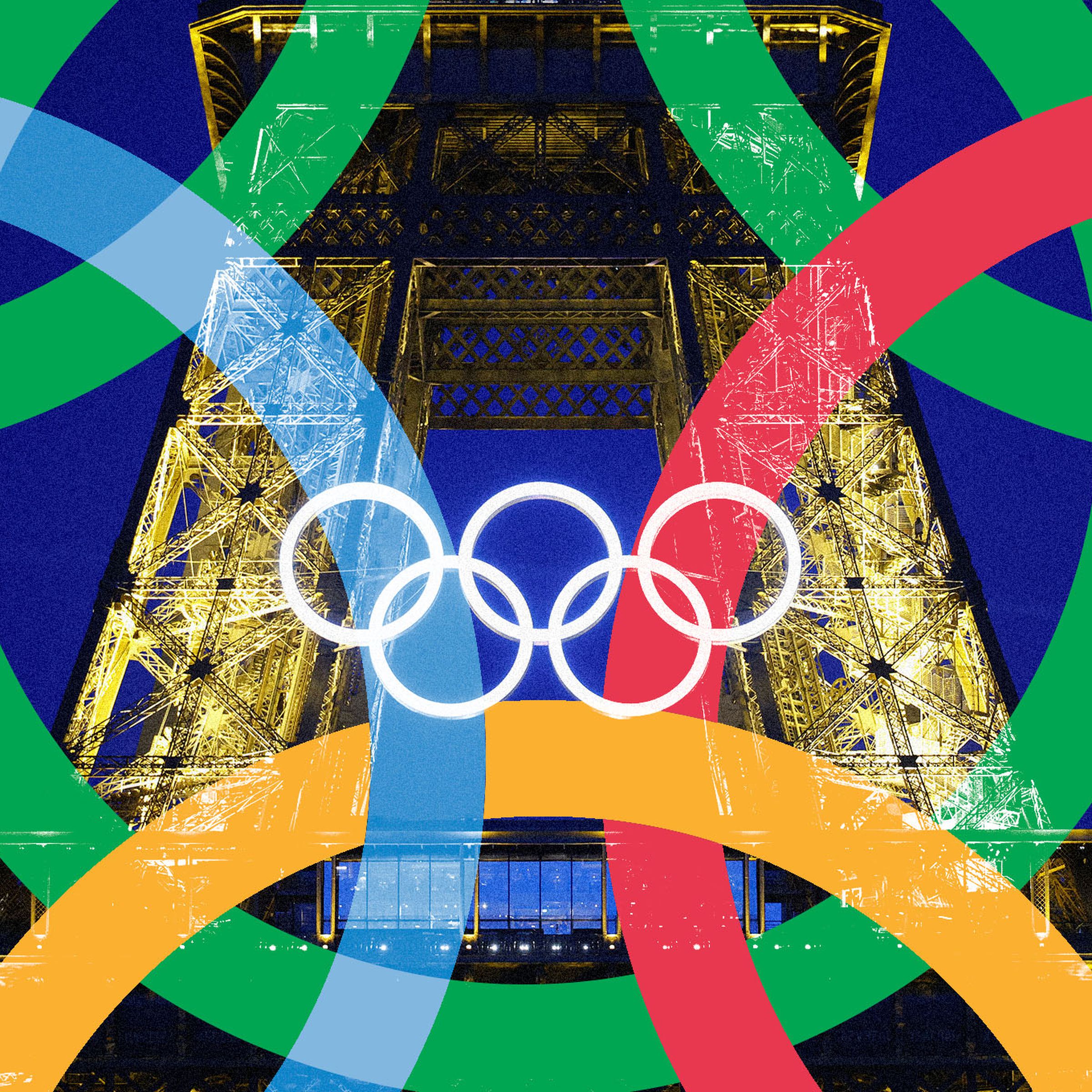 Photo collage of the Olympic rings over a photo of the Olympic rings illuminated on the Eiffel Tower.