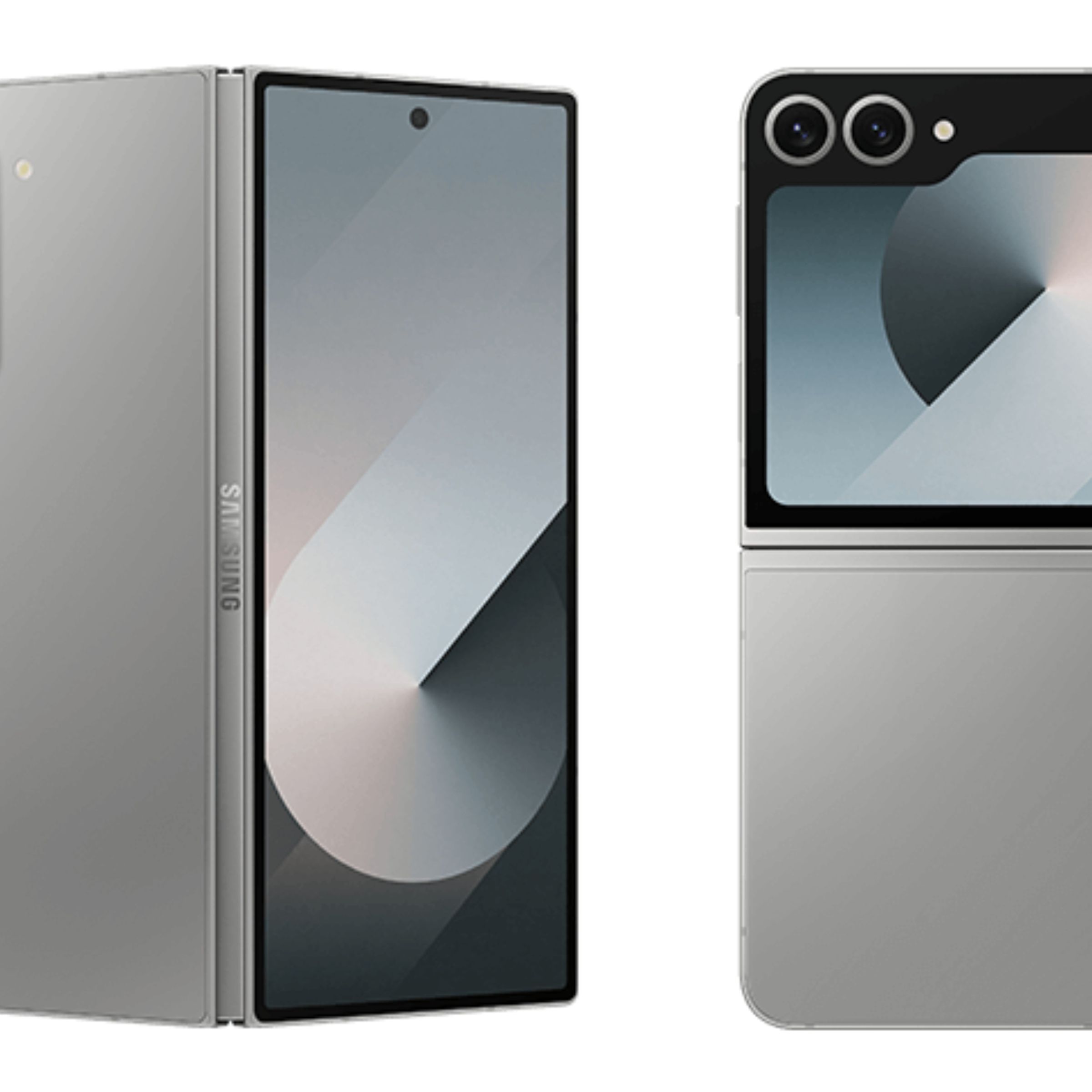 Leaked renders of the Samsung Galaxy Z Fold 6 and Flip 6 against a white backdrop.