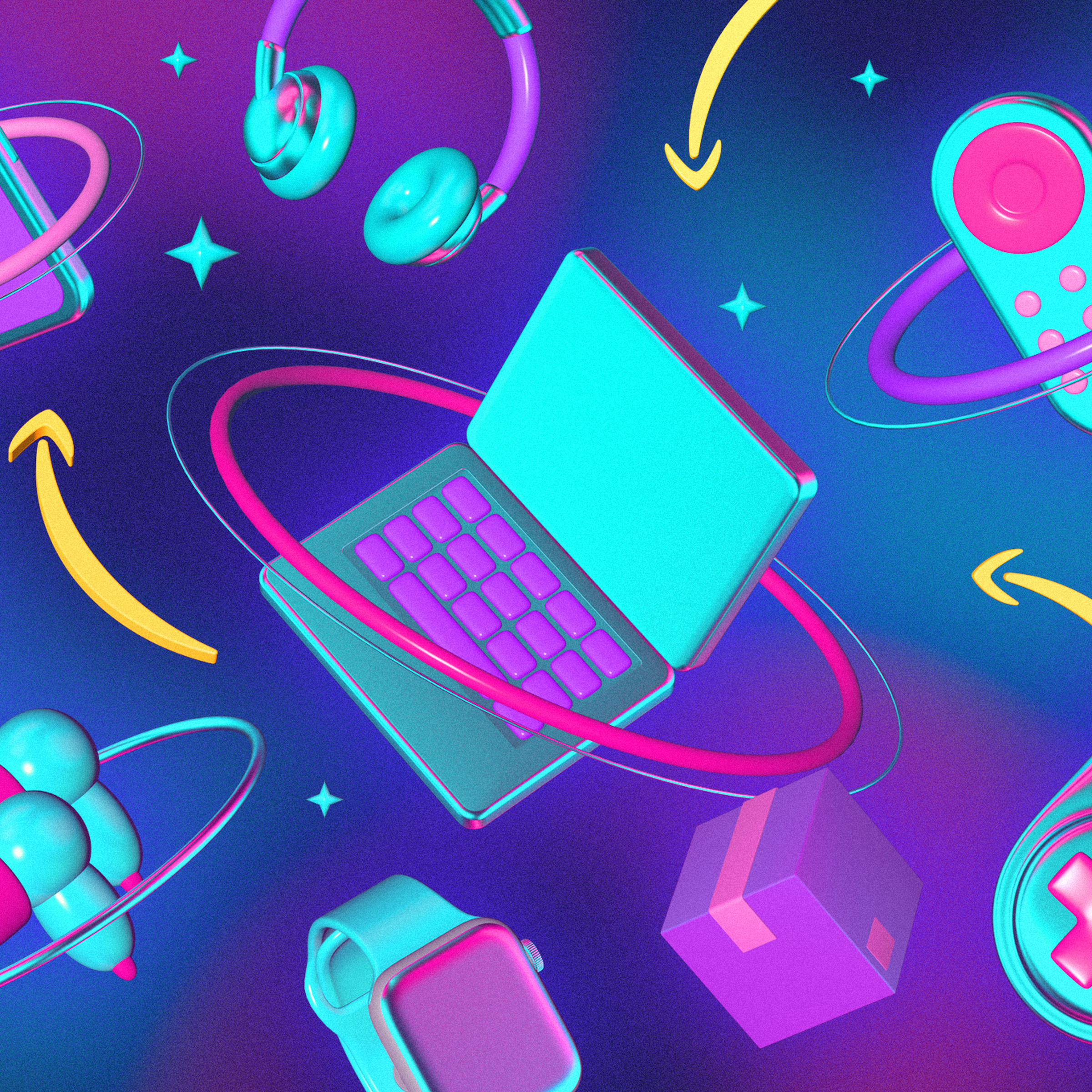 Illustration of a laptop and various other products floating in a starry sky, surrounded by Amazon arrows.