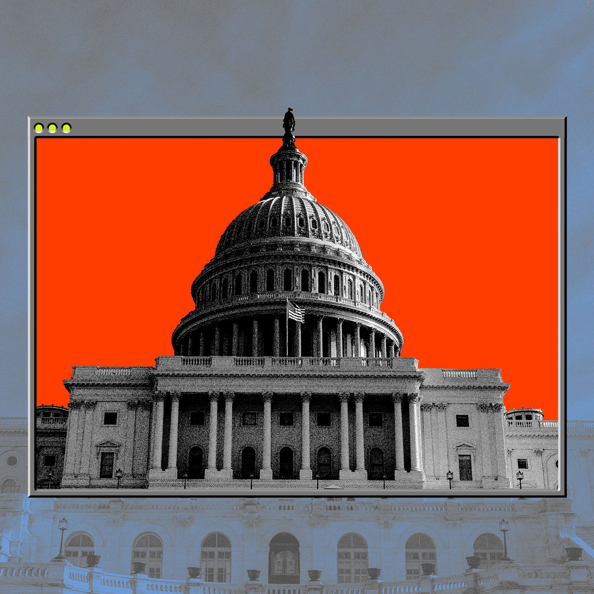 Photo collage of a photo of the US Capitol building coming out of a computer window.