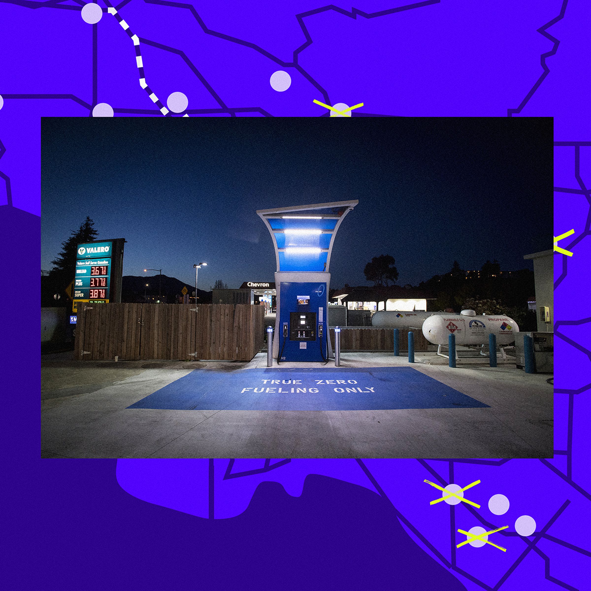 Background is a purple map of California and foreground center image is of a hydrogen fuel pump