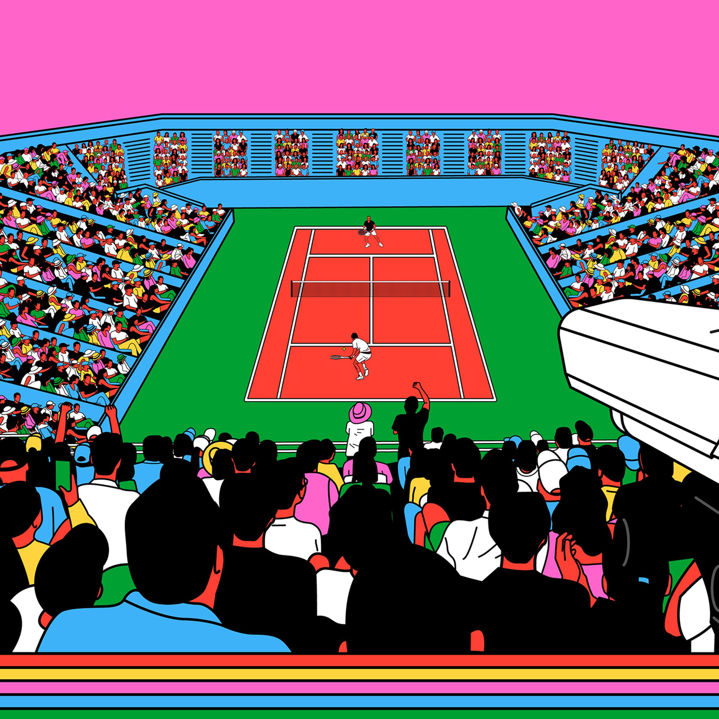 Vector illustration of a tennis match with a huge crowd and a camera in the foreground.