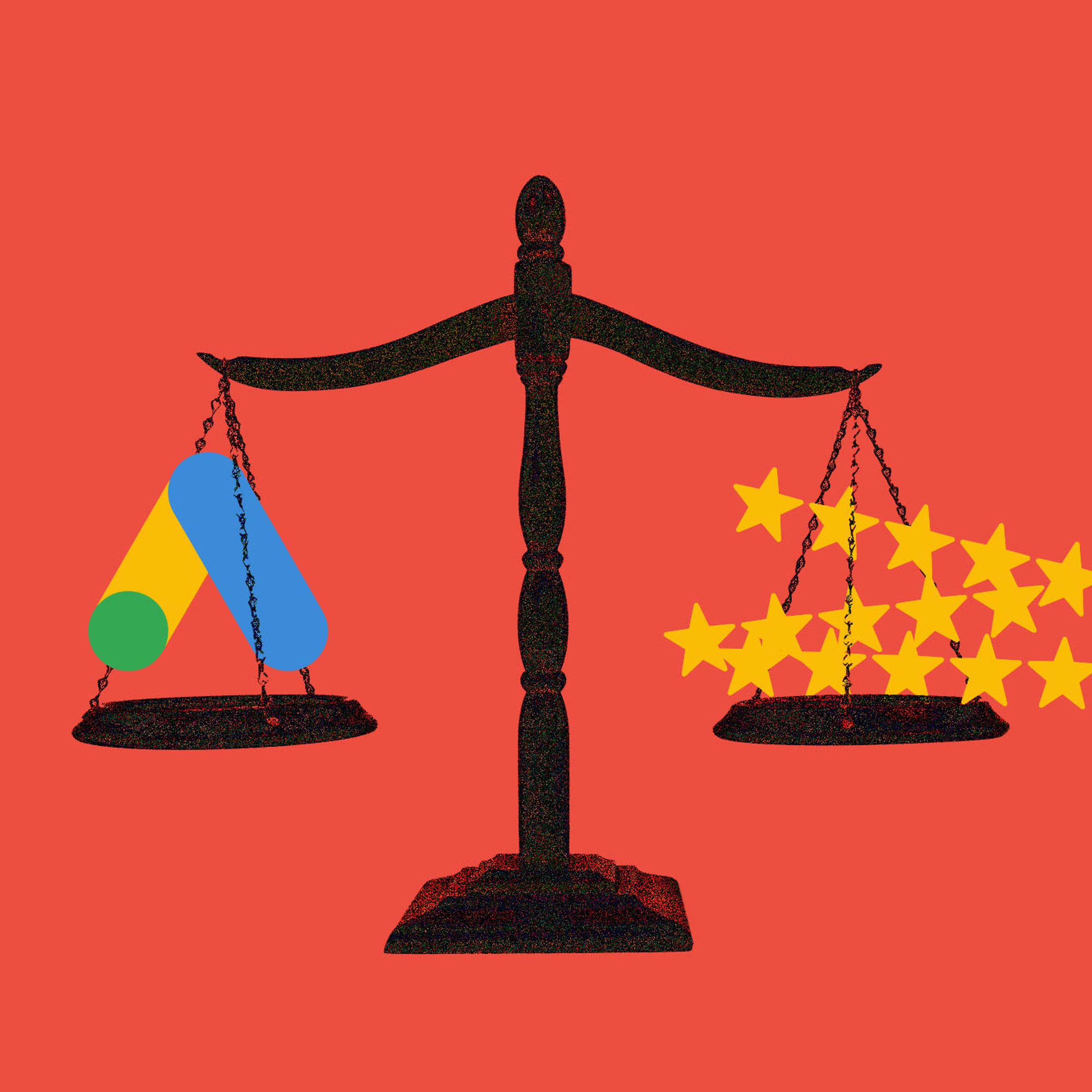 A set of justice scales weighing the Google Ads logo against stars.