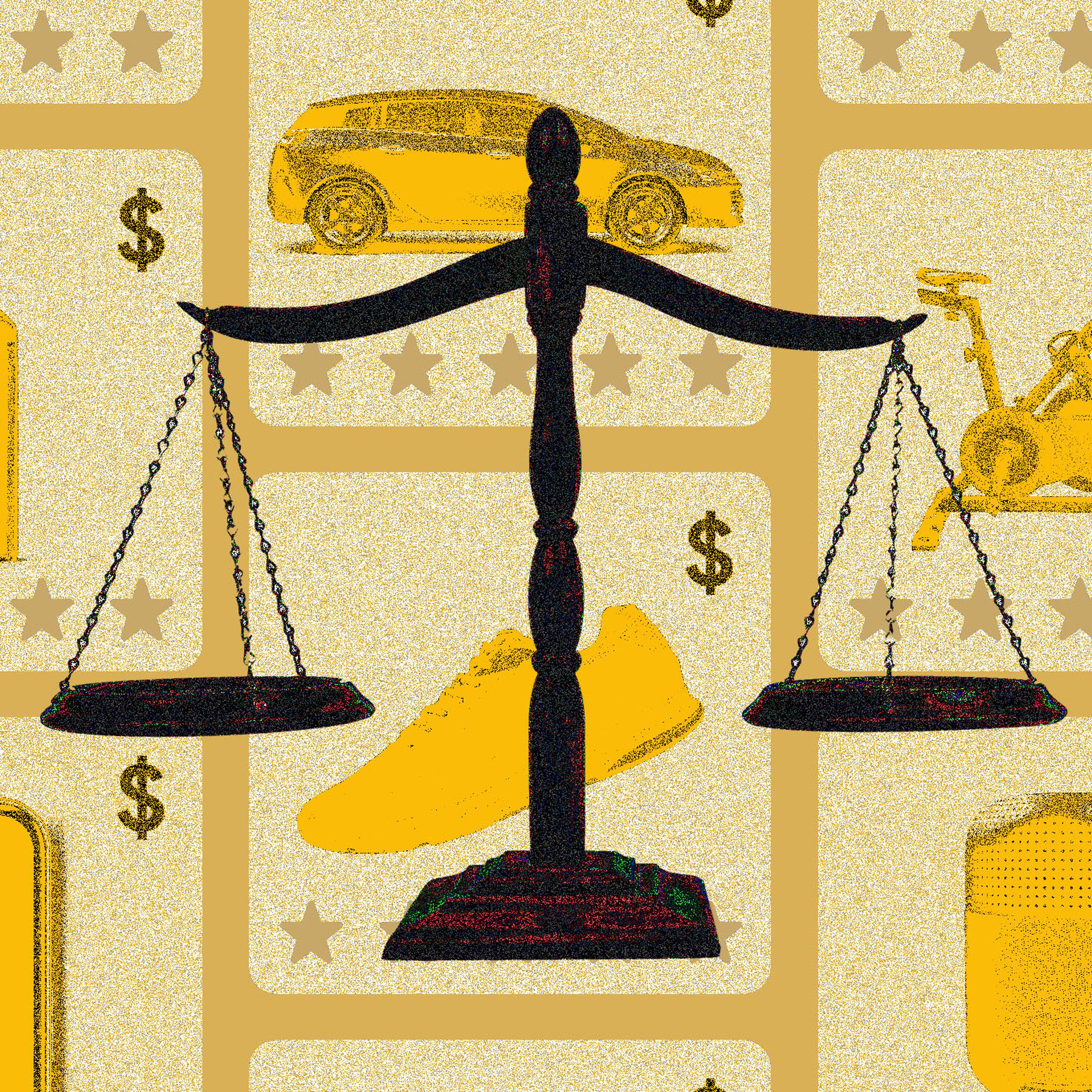 A set of justice scales in front of a background of various ads for products.