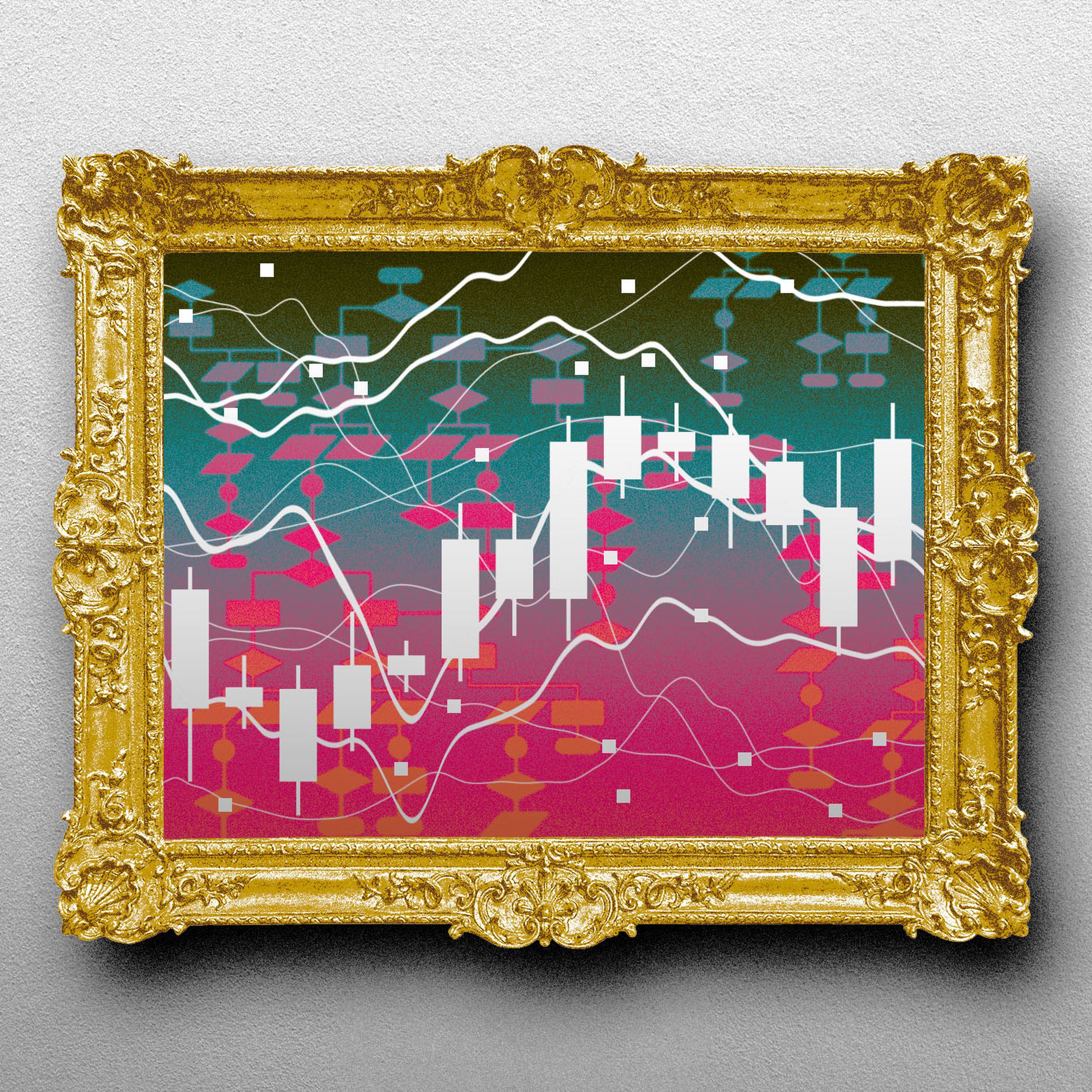 Photo collage of an interactive algorithm inside a gilded picture frame.