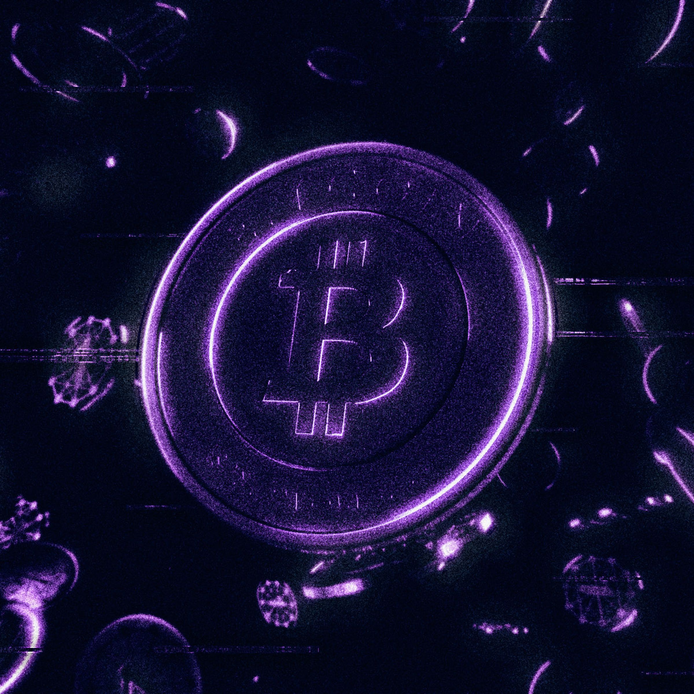 A stylized illustration of a Bitcoin in purple and black shadows.