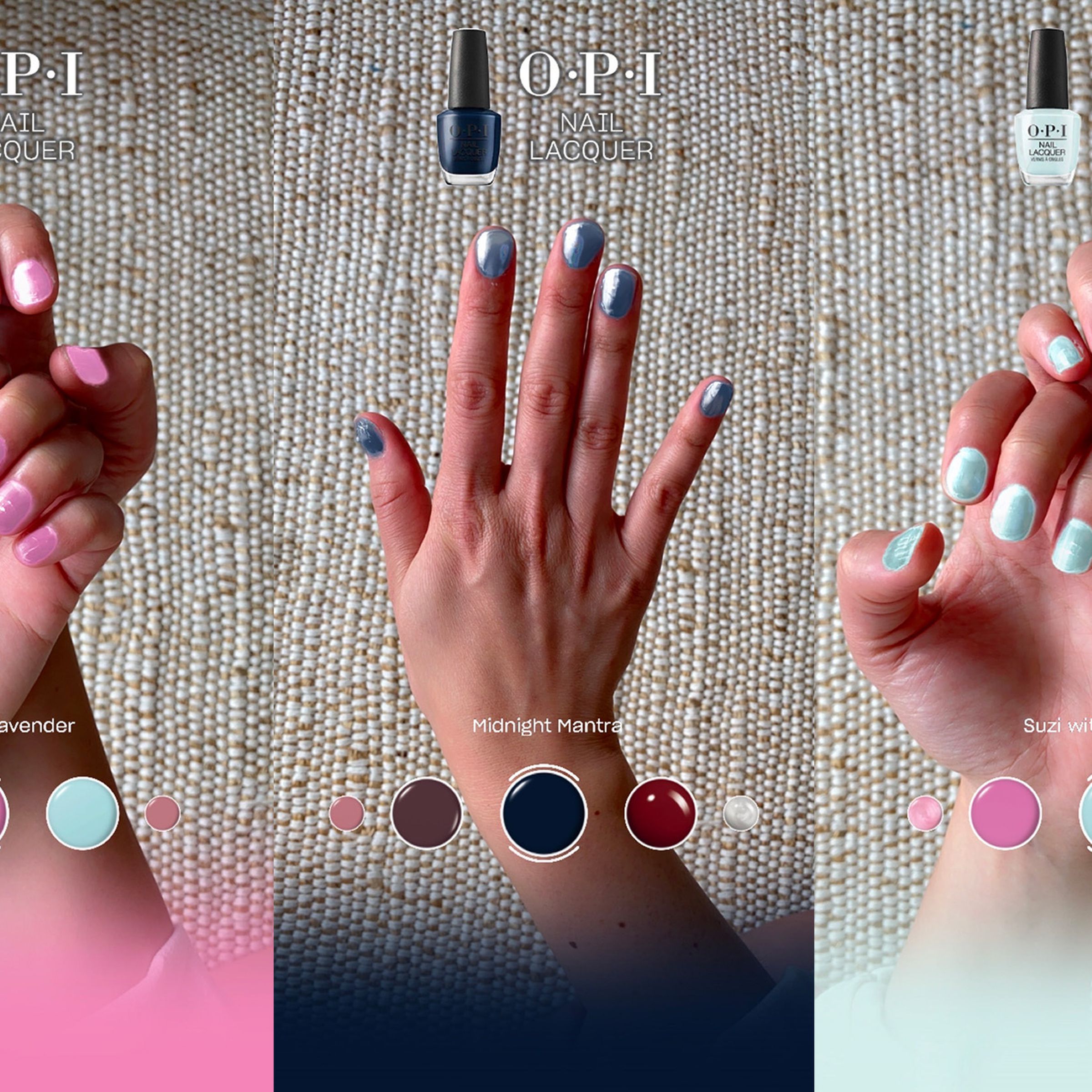 Three Snapchat filter images with hands in the frame. Each has a different color digital manicure applied. 