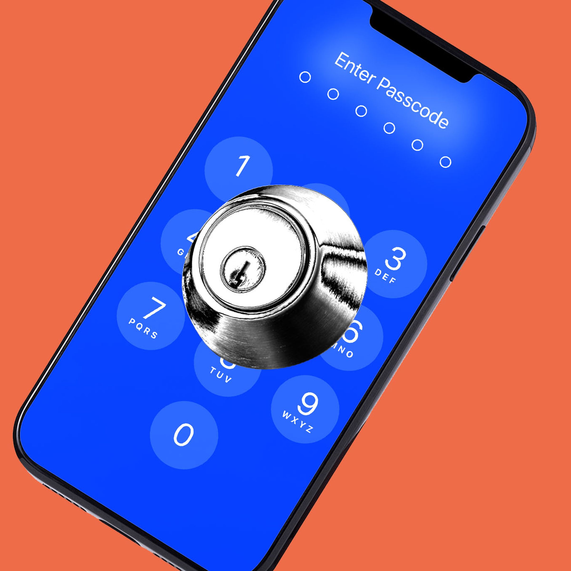 Photo collage of a phone with a deadbolt over the passcode number pad.