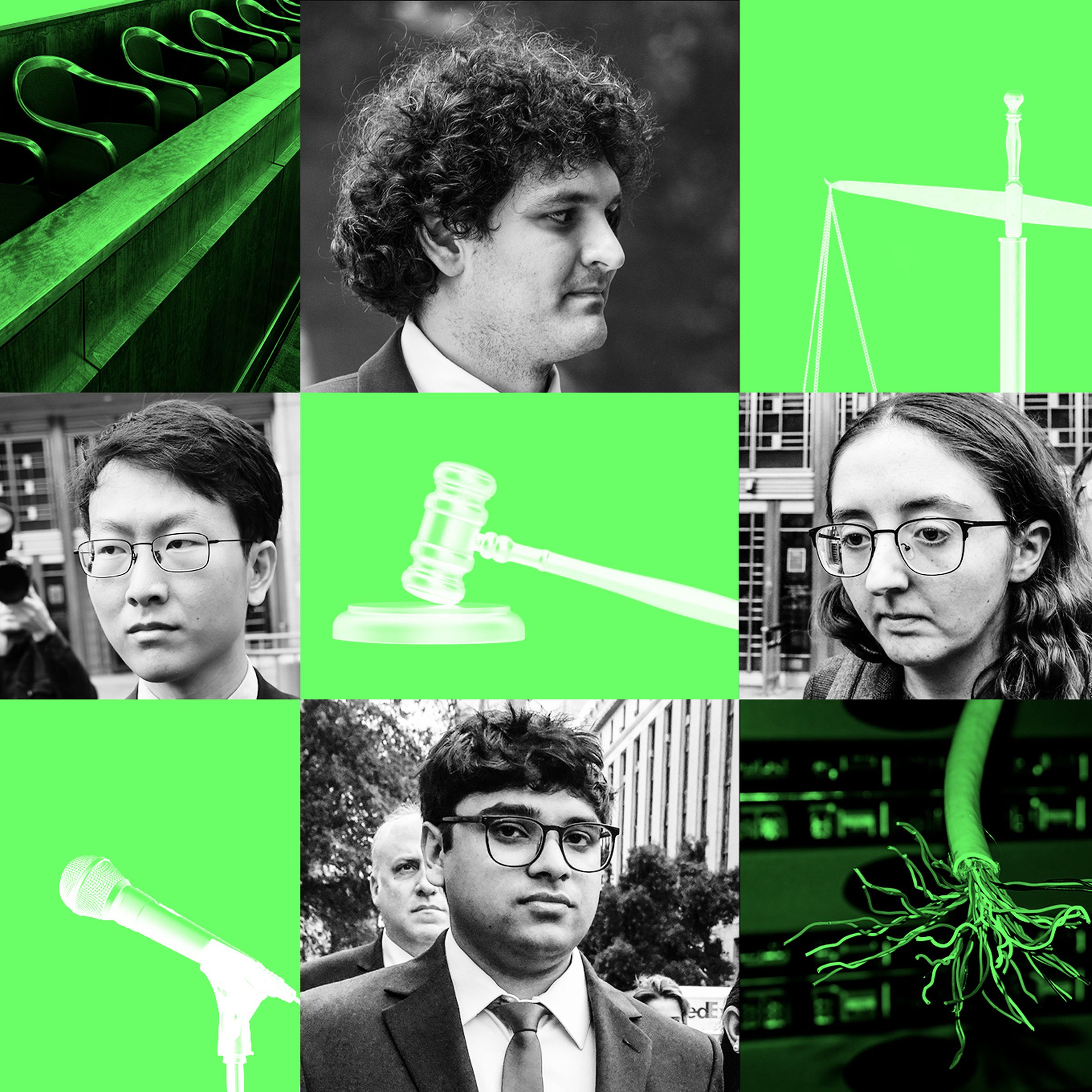 Photo illustration of Sam Bankman-Fried, Caroline Ellison, Gary Wang, and Nishad Singh among imagery of courtrooms, finance, circuit boards, and server rooms.
