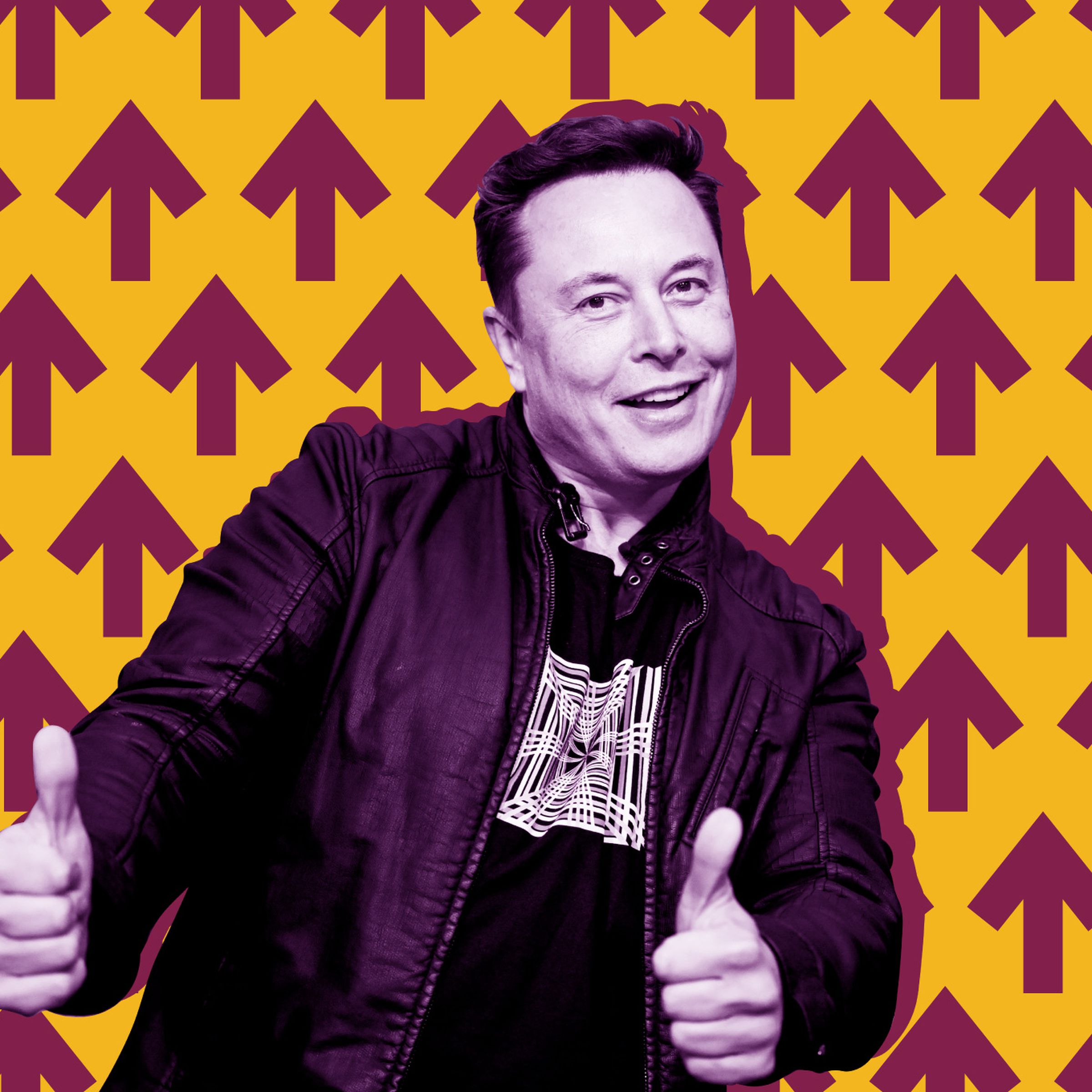 A photo illustration of Elon Musk making a thumbs-up gesture against a background of arrows pointing up.