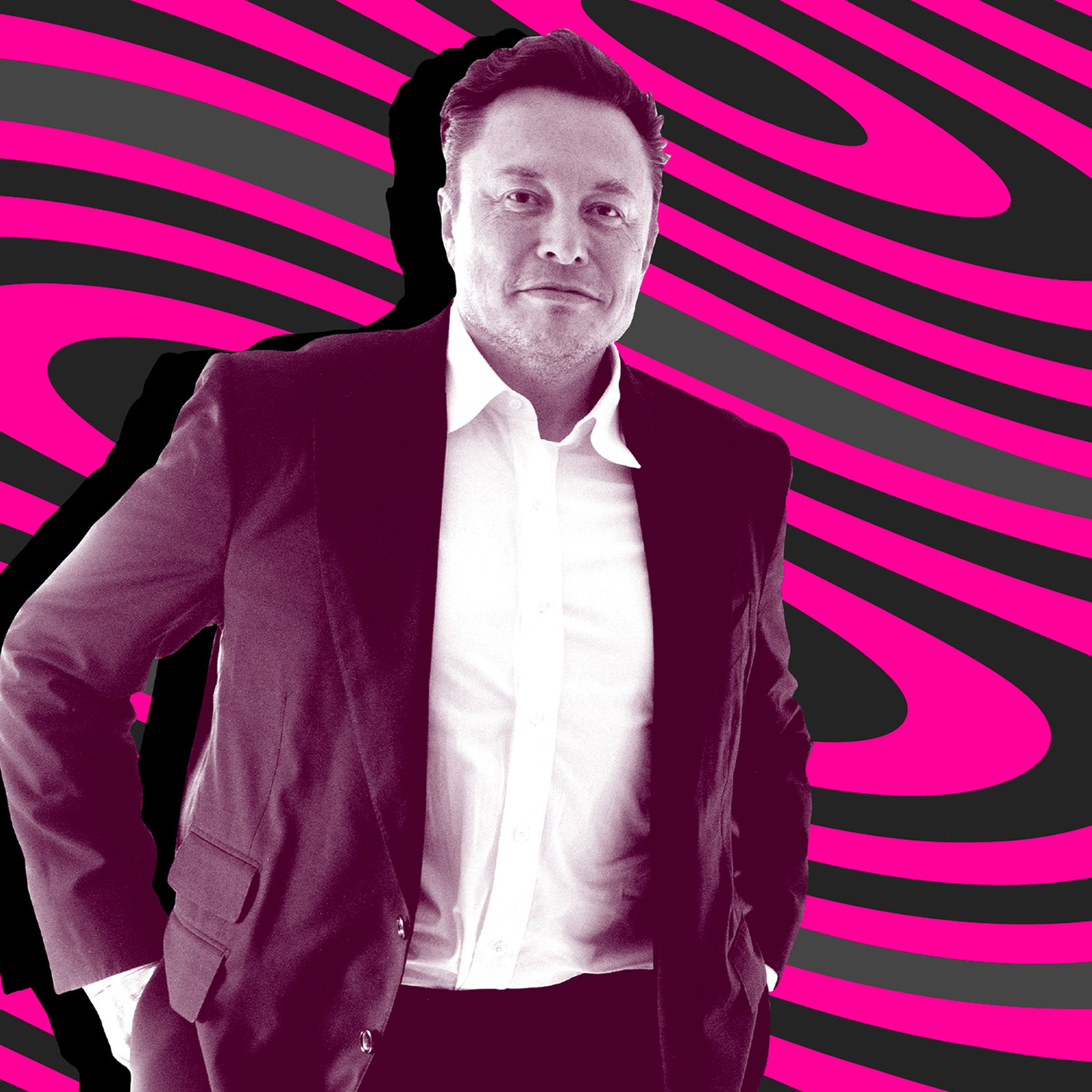 A magenta-hued photograph of Elon Musk against a wavy illustrated background.