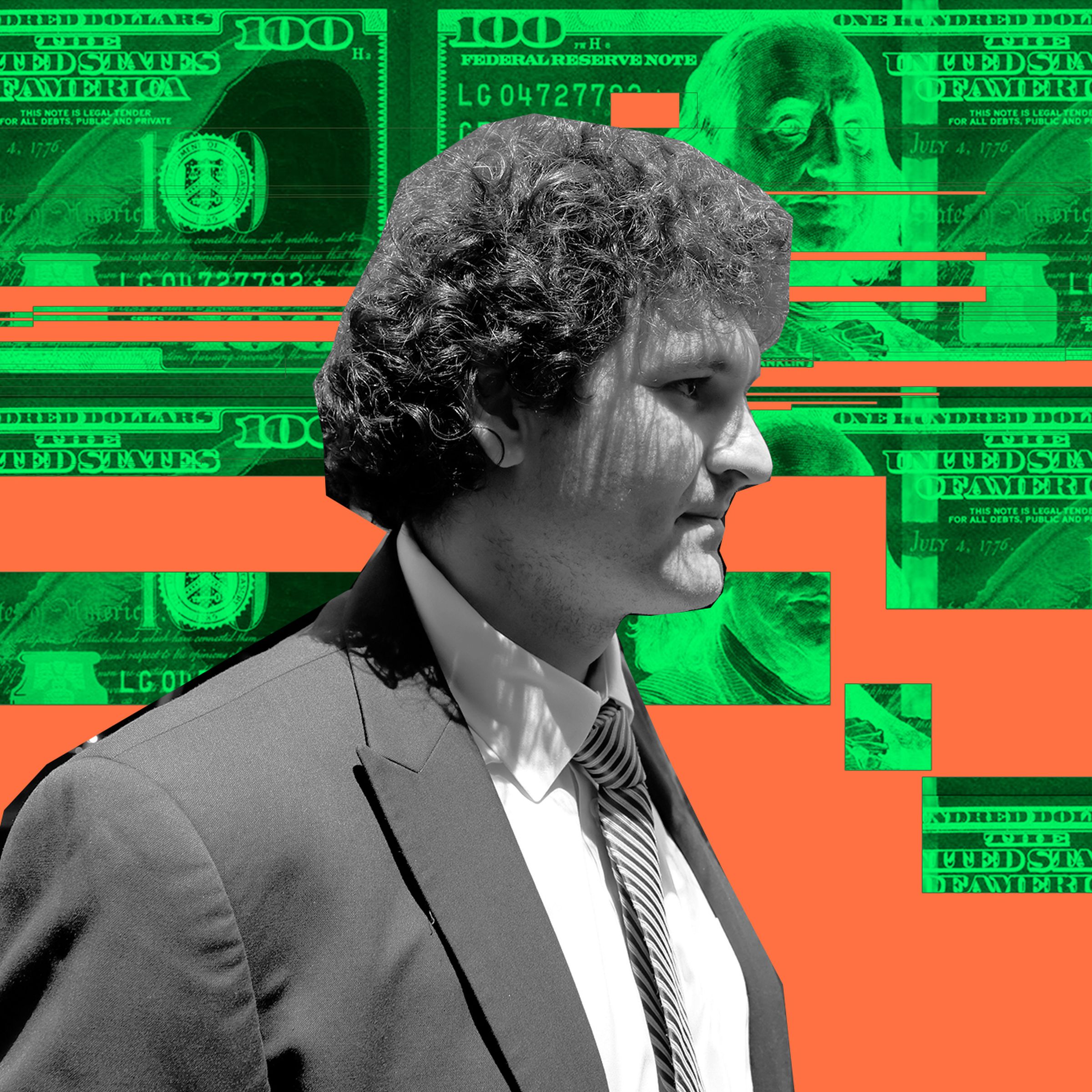 Photo Illustration of Sam Bankman-Fried in front of a graphic background of inverted money.