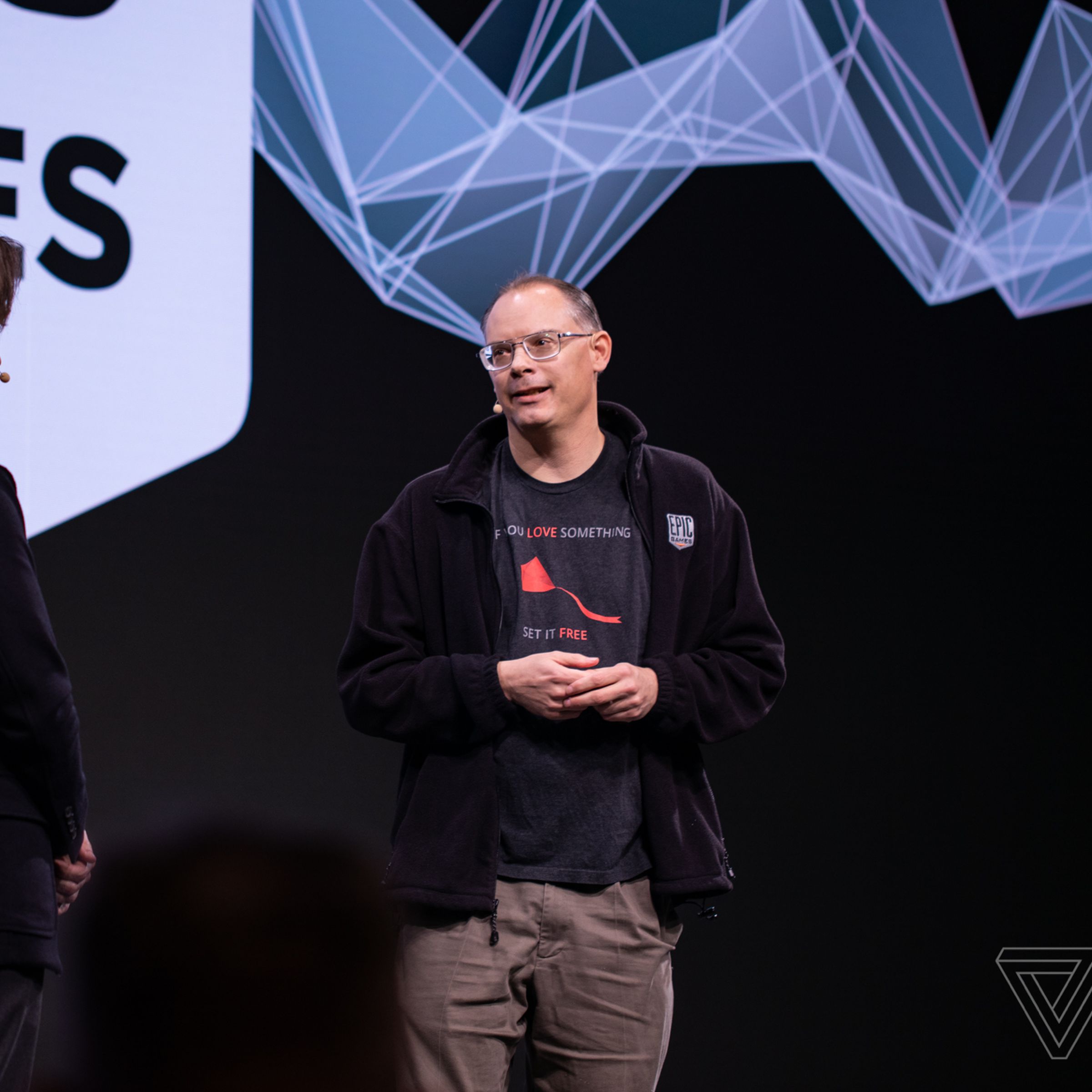 Tim Sweeney on stage at the Game Developers Conference in 2019.