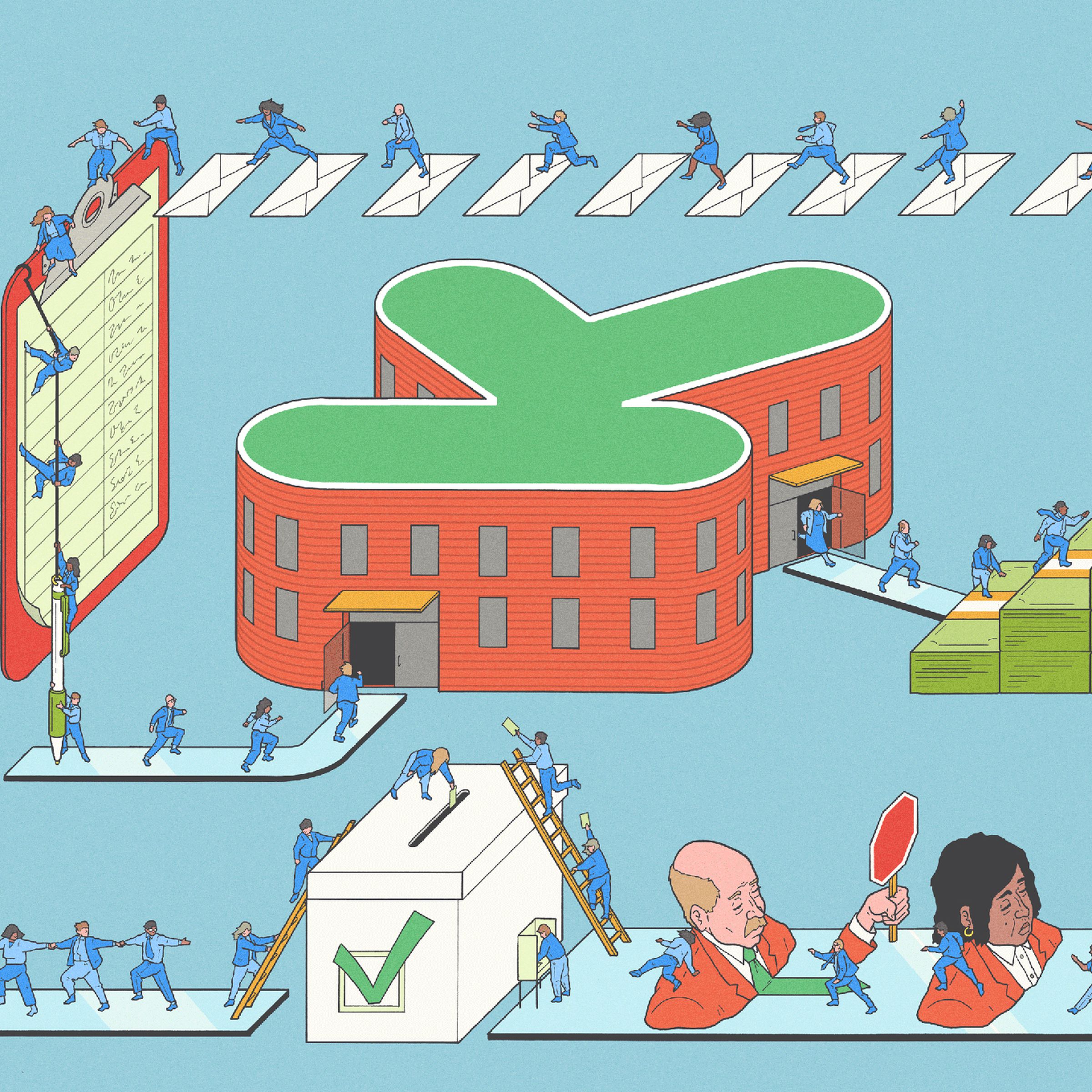 An illustration depicting a surreal workplace obstacle course with workers navigating various hurdles in the form of office managers and paperwork on their way to a box to cast their vote  